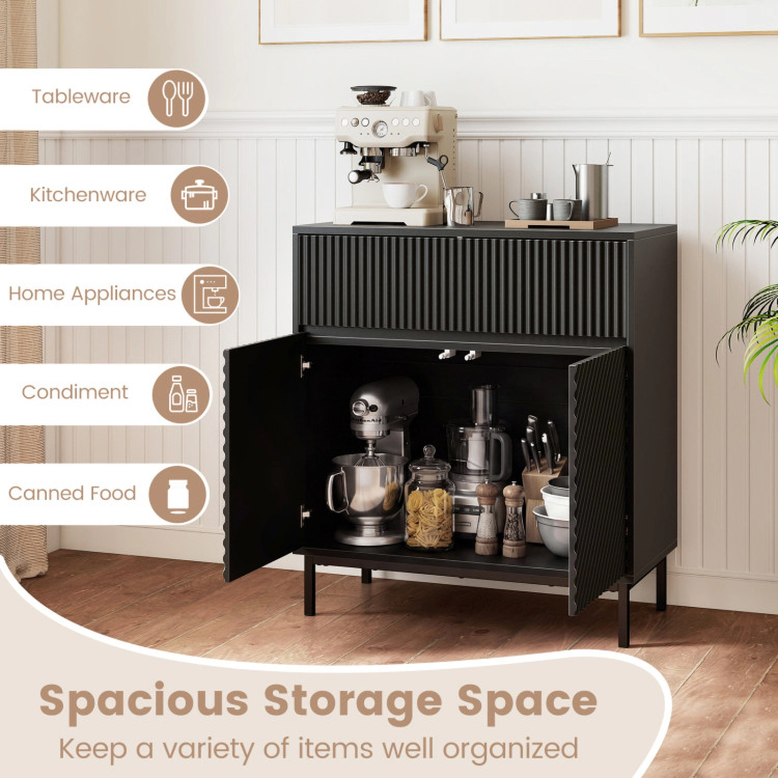 SUGIFT 32-in Wide Buffet Cabinet with 2 Doors and 1 Drawer 200-lb Capacity Black