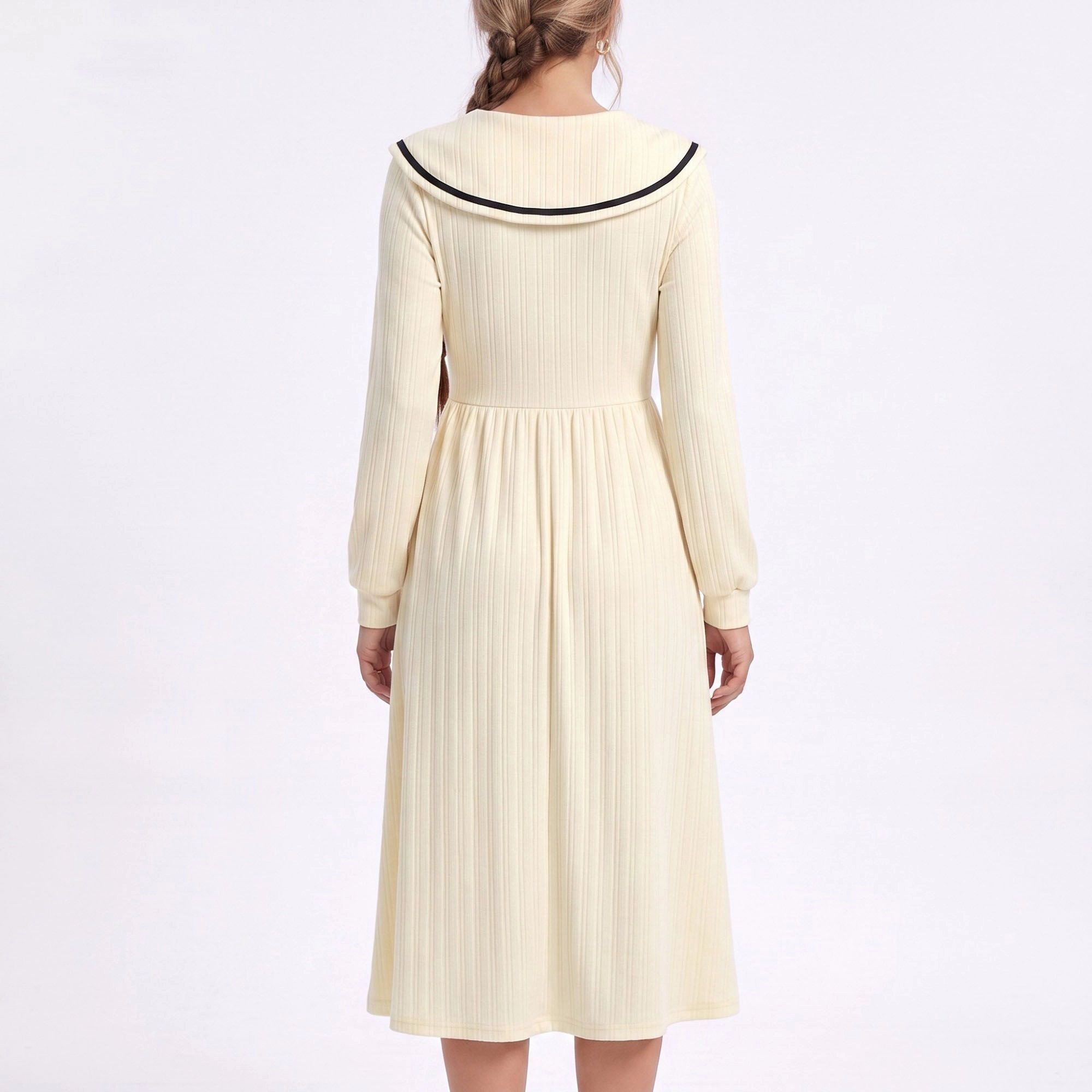 Anna-Kaci Women's Cream Sailor Collar Long Sleeve Button Front Fit Flare Midi Dress