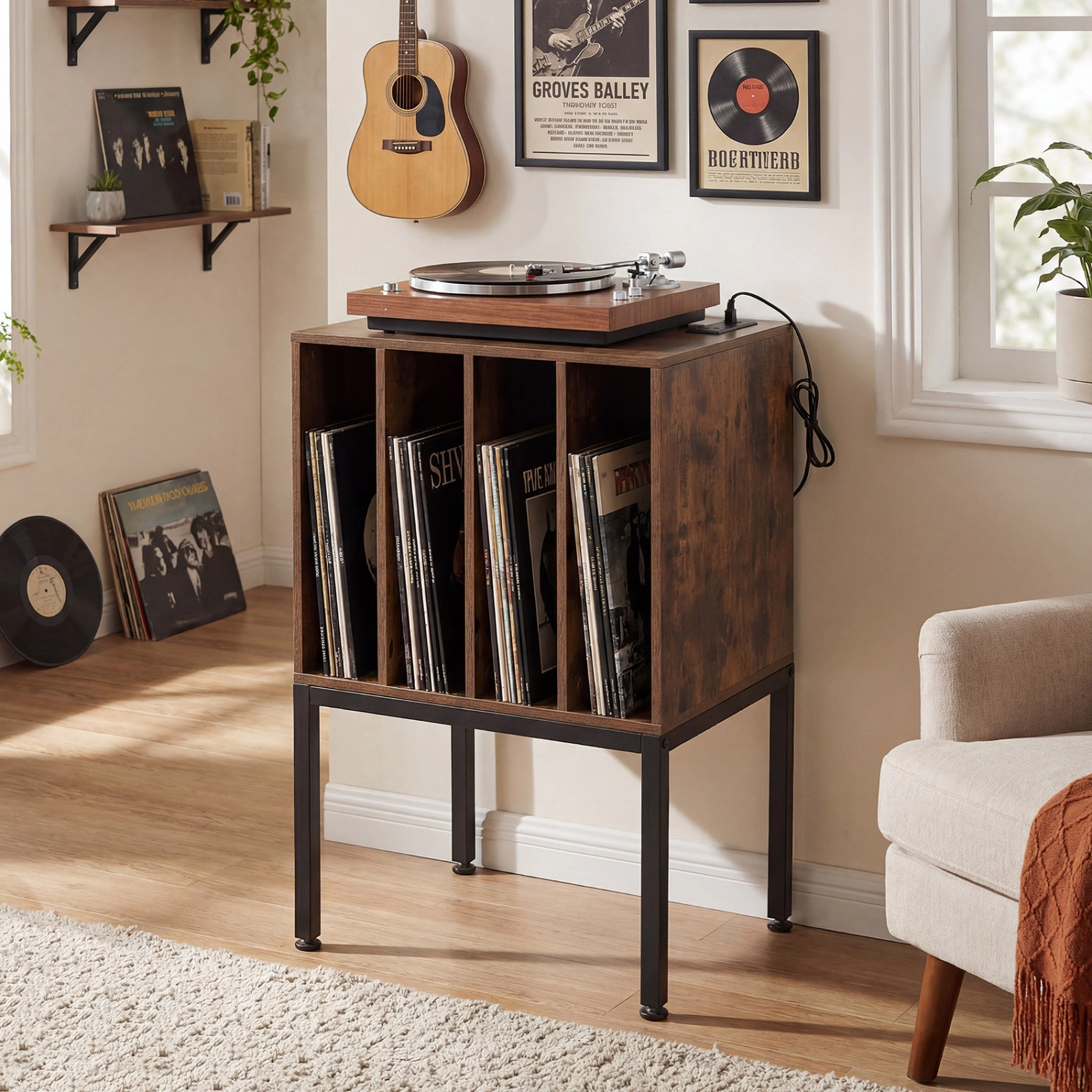 SUGIFT Turntable Record Player Stand with Power Outlets Accent Table 88-Lb Capacity Rustic Brown/Black/White