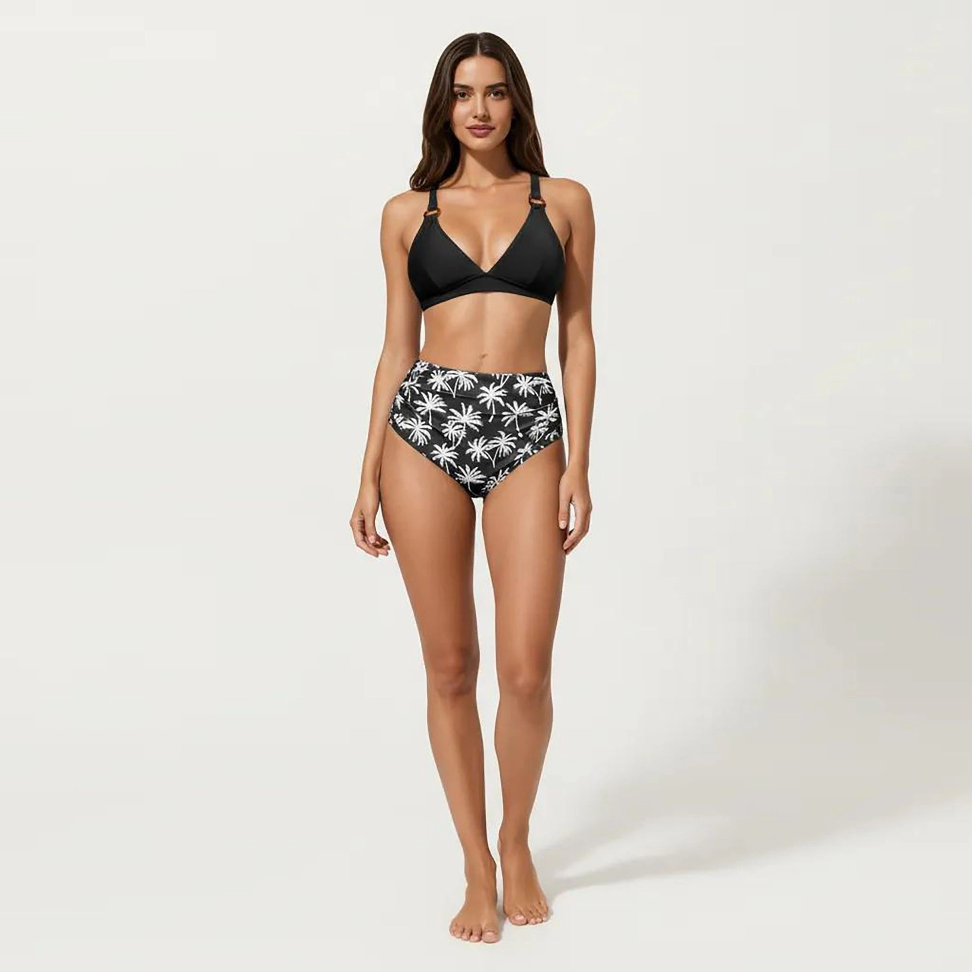 Anna-Kaci Women's 2-Piece High Waisted Bikini Set with Ring Strap Top and Palm Print Bottom