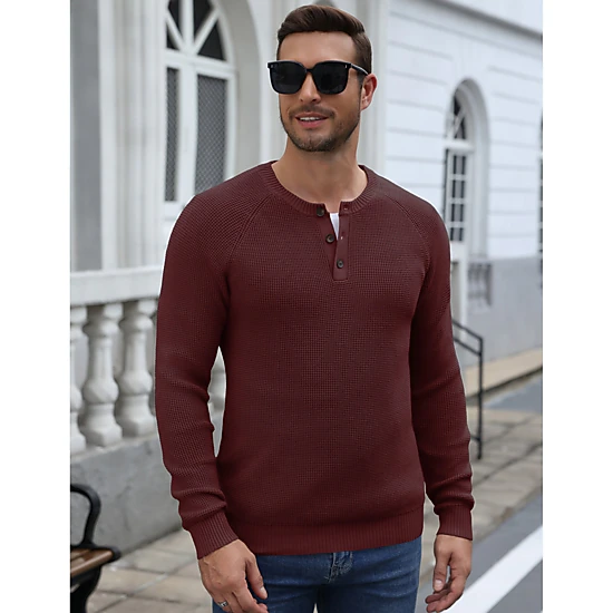 COOFANDY Men's Henley Waffle Knit Raglan Sleeve Button Crewneck Pullover