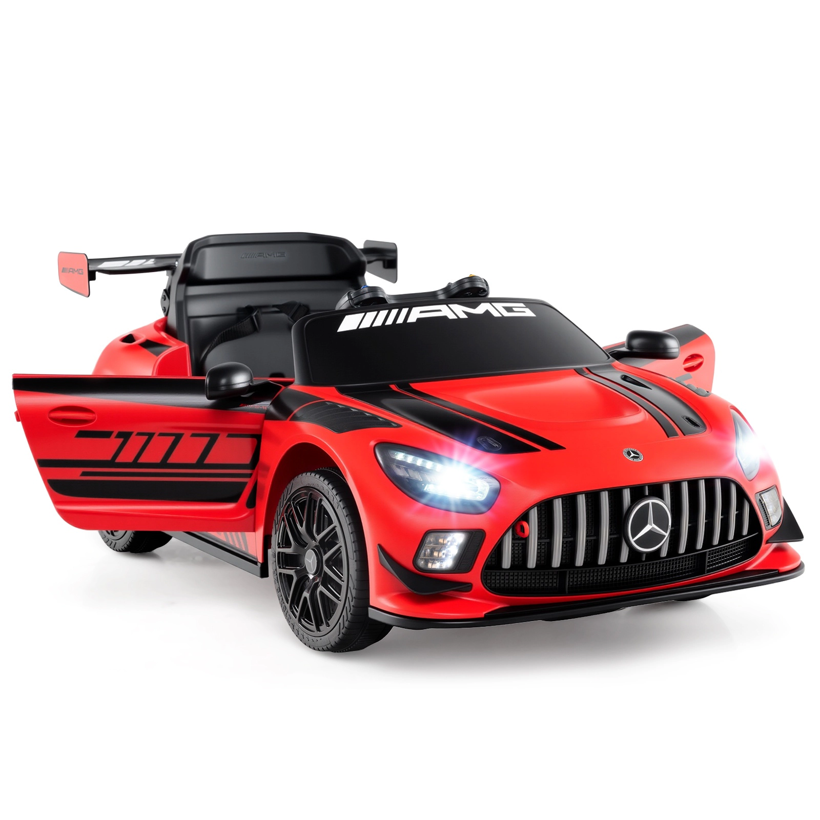 SUGIFT 12V Licensed Mercedes-AMG GT3 Kids Ride-On Car Remote 55-lb Capacity Ages 3+ 45-in Body 13-in Seat Black/White