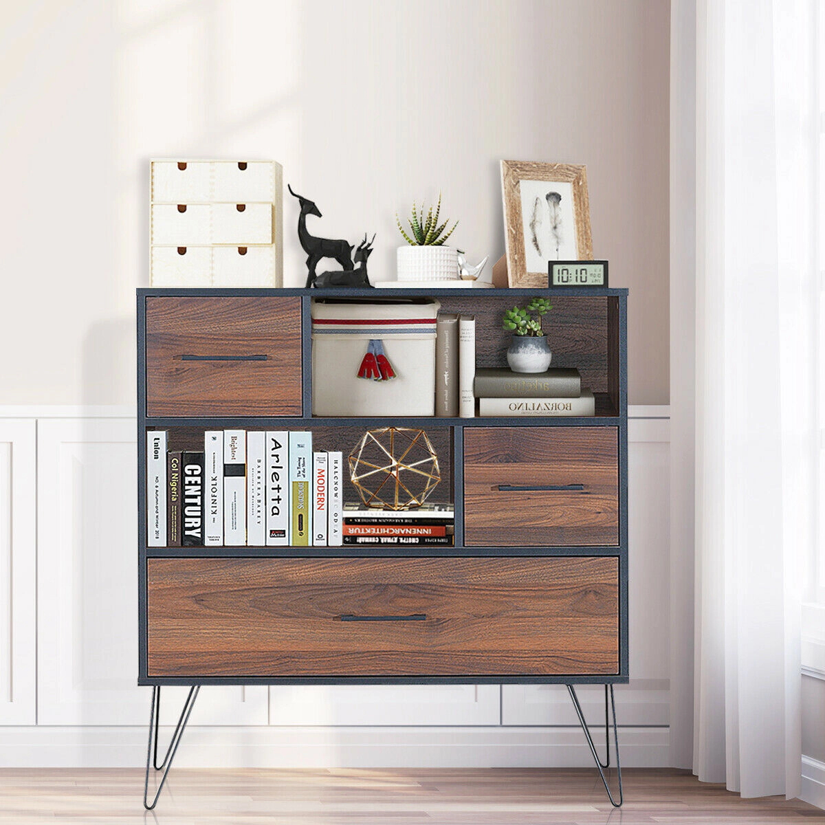 Slickblue 3 Tier Freestanding Storage Cabinet with Drawer Shelves and Metal Leg Base