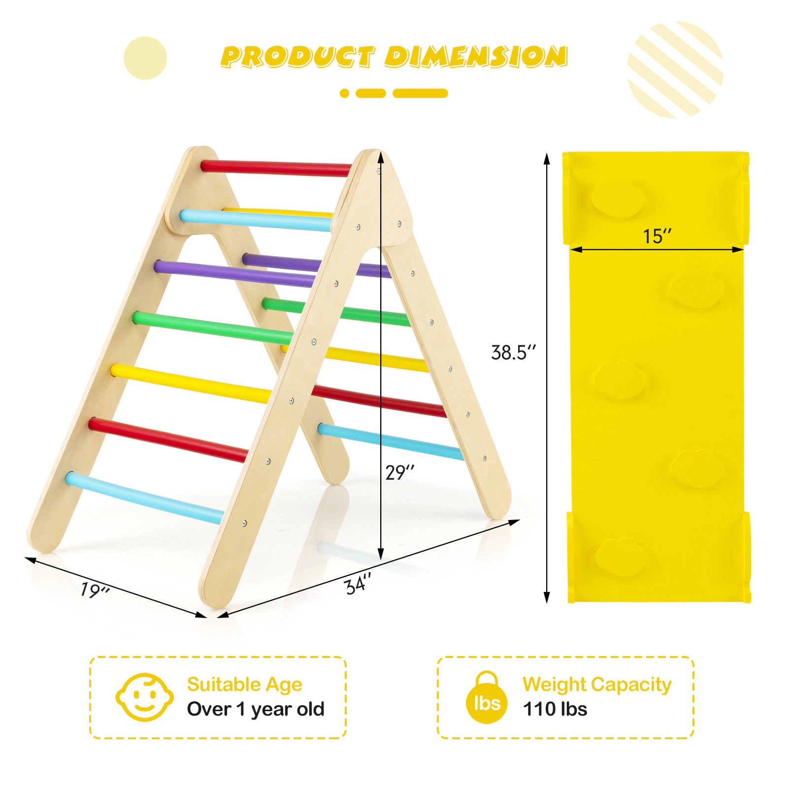 SUGIFT 3-in-1 Wooden Climbing Triangle Set with Reversible Ramp 110-lb Capacity Ages 1+ Multicolor/Natural