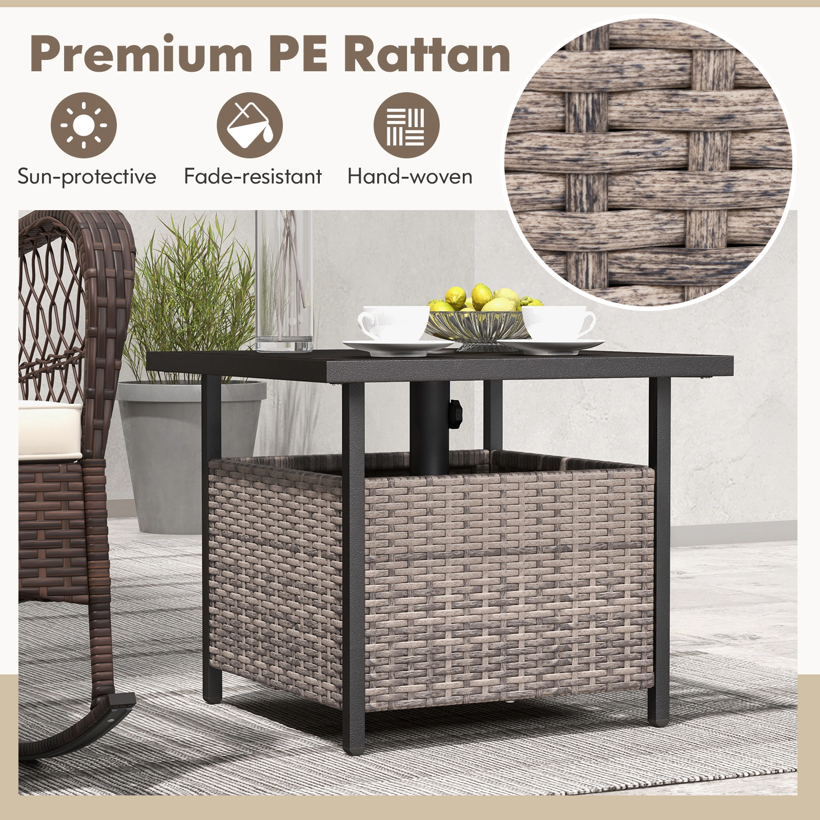SUGIFT Outdoor Patio Rattan Wicker Steel Side Deck Table with PE Rattan Storage 165-lb Capacity Gray