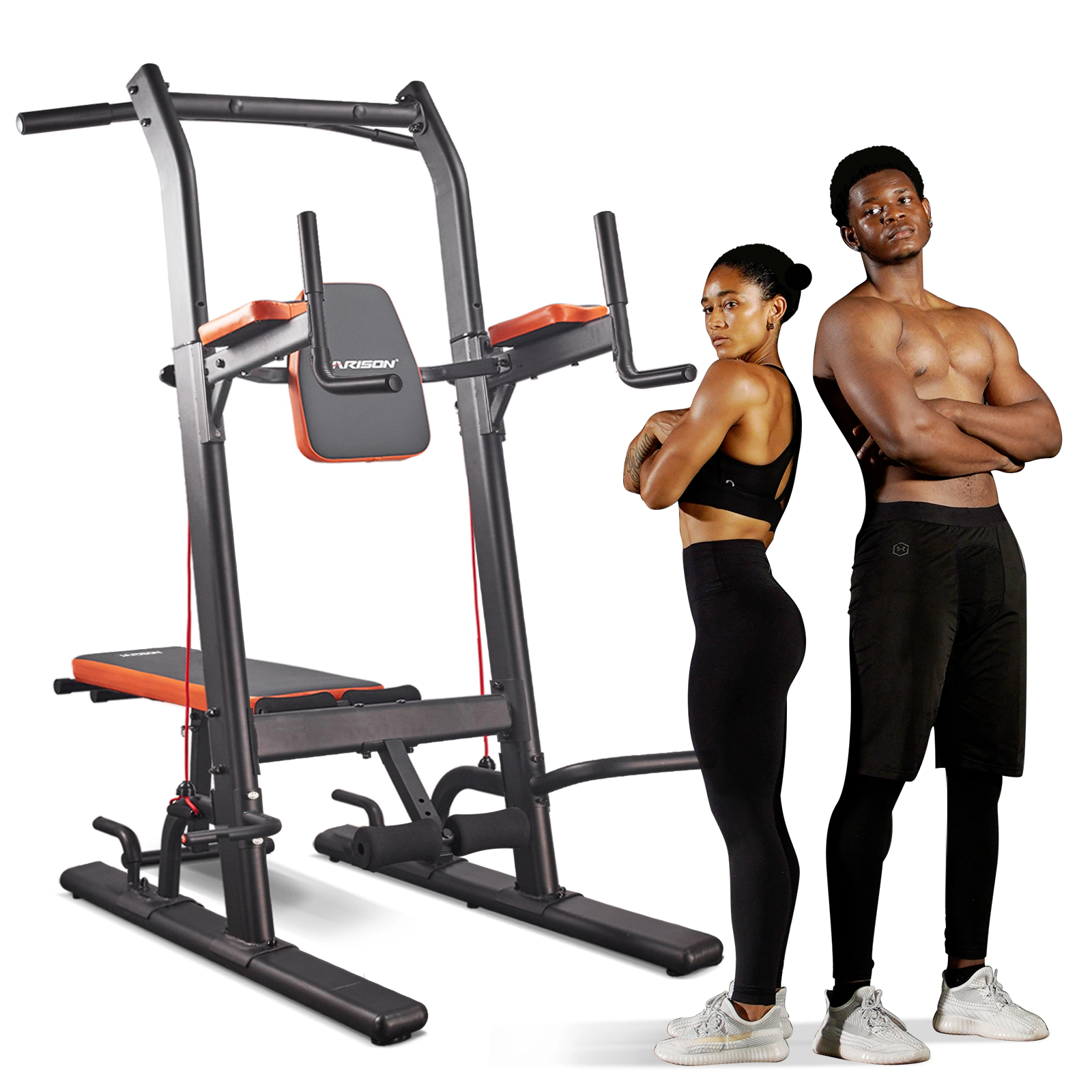 HARISON Power Tower with Weight Bench, Pull-Up Bar & Dip Station, Adjustable Height Home Gym Strength Trainer