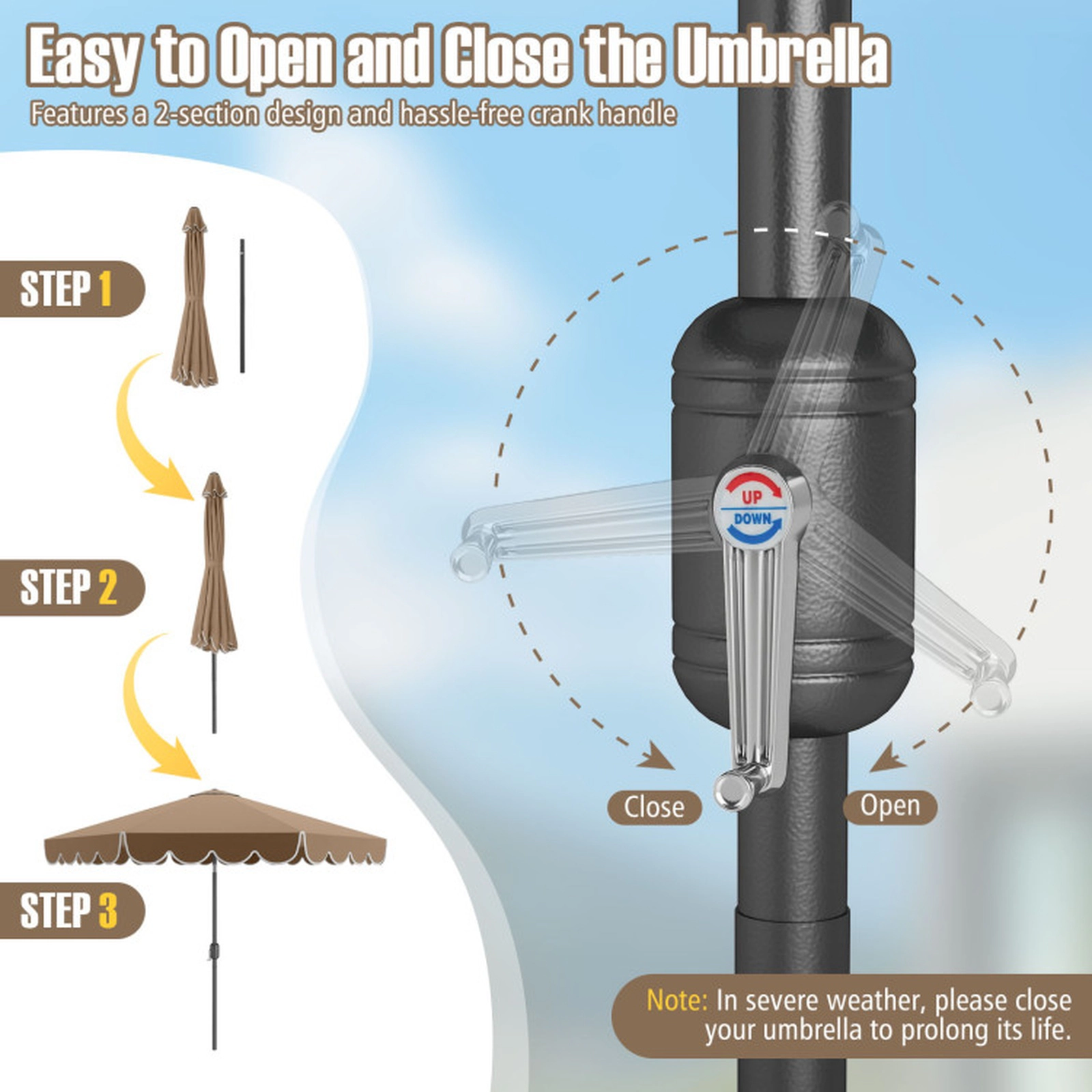 SUGIFT 10-ft Brown Patio Market Umbrella, Ruffled Edge, Crank Lift, Push-Button Tilt
