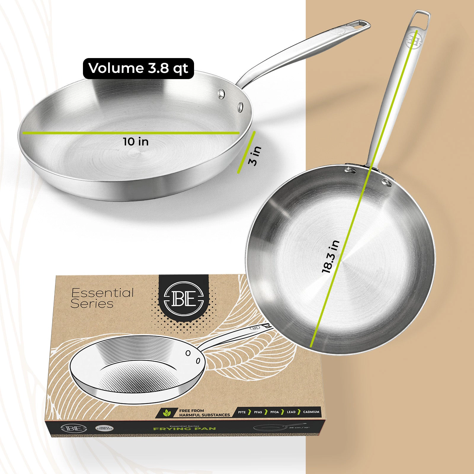 BE - LIVING Essential Series PFAS- free Tri-Ply Stainless Steel Frying Pan