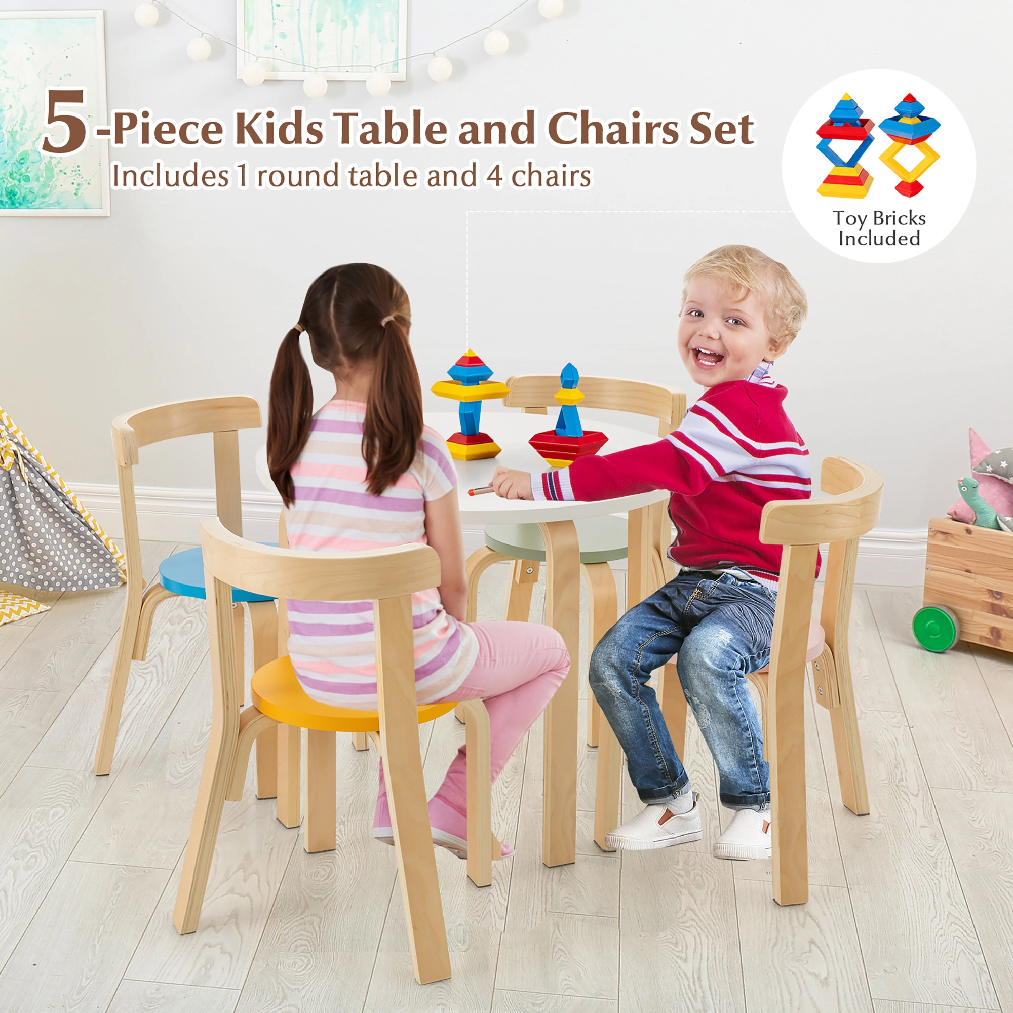 5-Piece Kids Table and Chairs Set Wooden Toddler Activity Table with 4 Curved Back Chairs and 15 Toy Building Natural