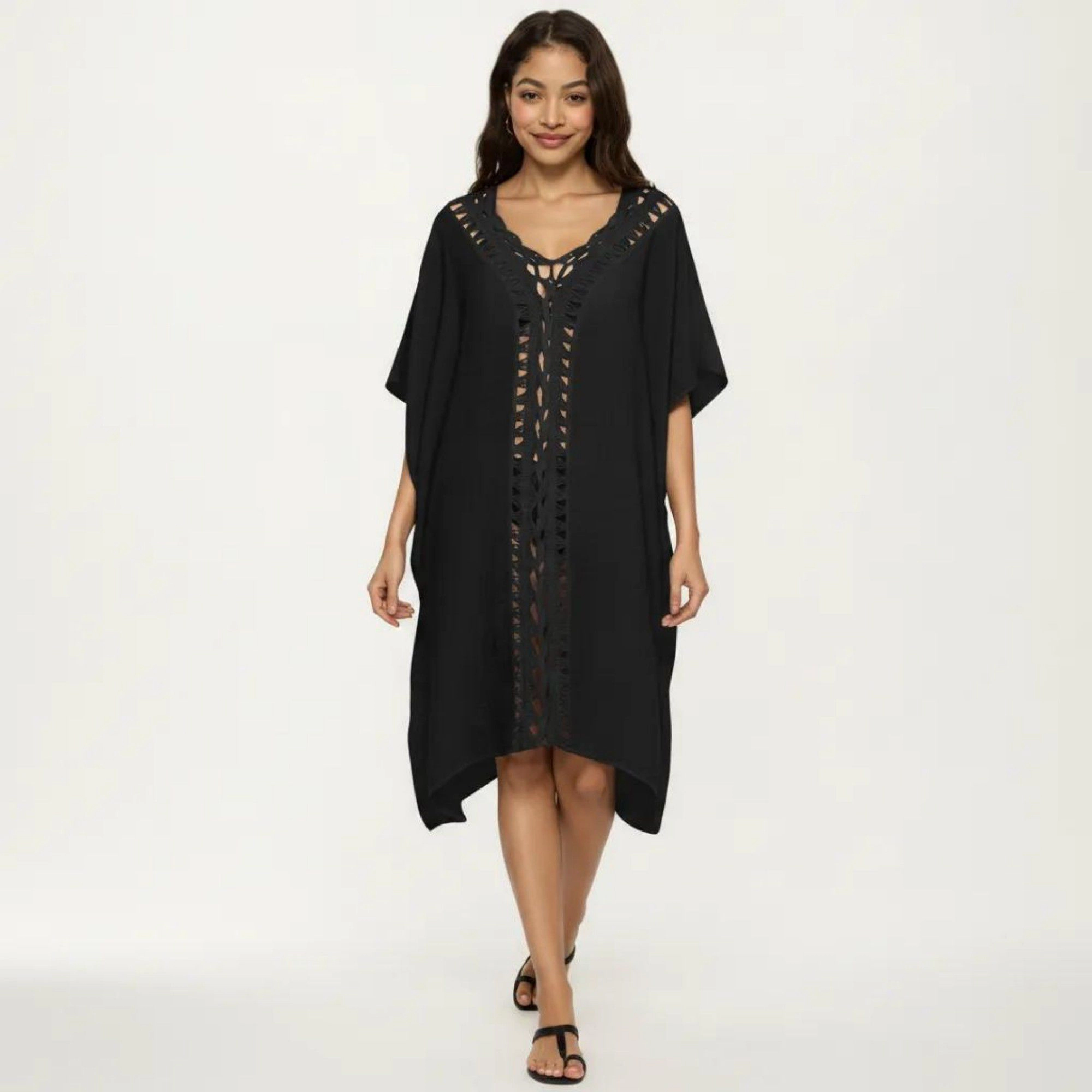 Anna-Kaci Women's Crochet Trim Short Sleeve Lightweight Beach Swim Cover Up Dress