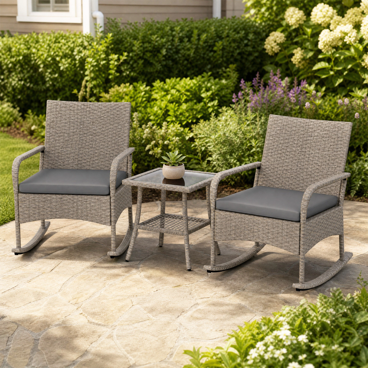 LJG 3-Piece Wicker Rocking Bistro Set with Cushions for Garden Backyard Porch