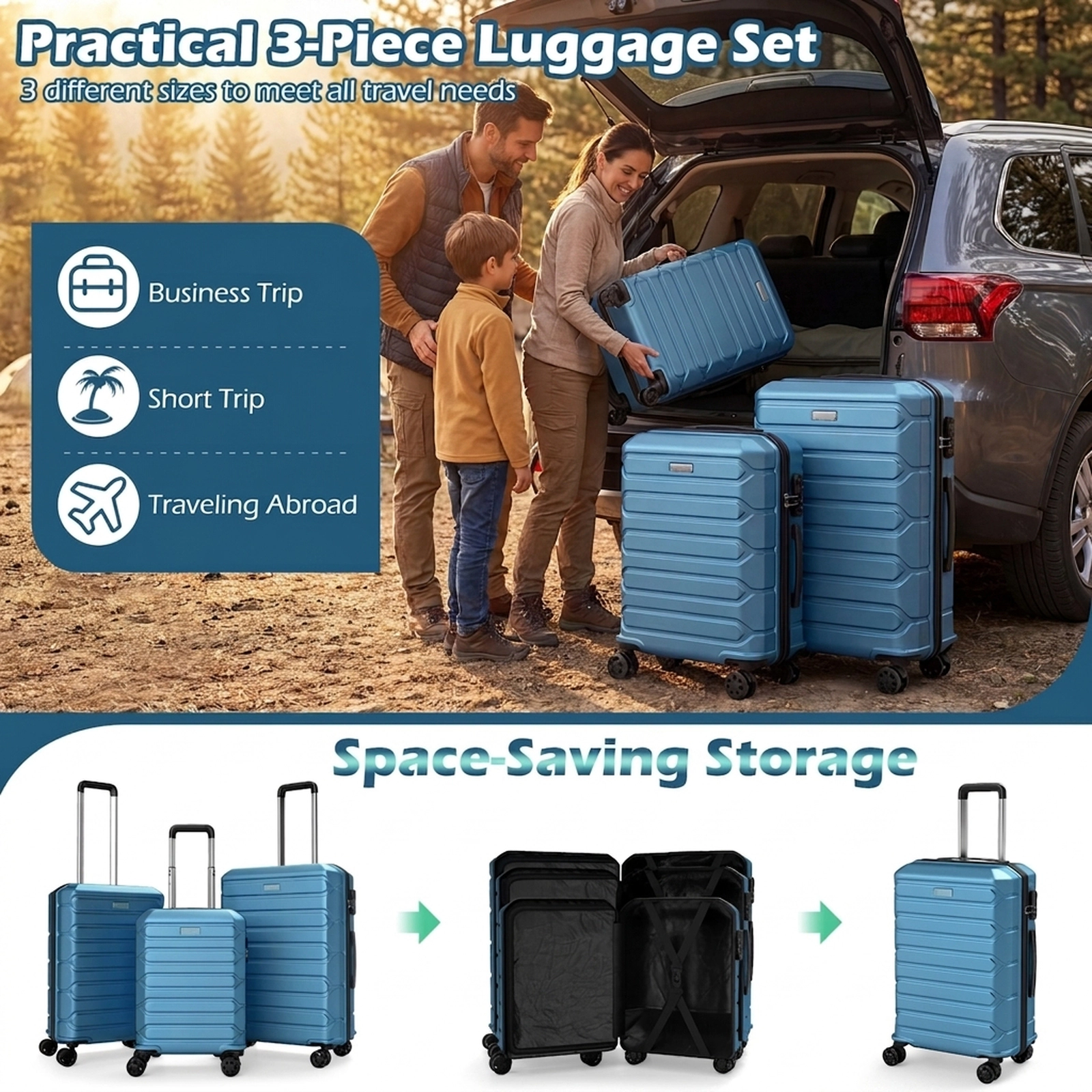 SUGIFT 3-Piece Lightweight Hardside 8 Spinner Wheels Nested Suitcases Luggage Set 20-in 24-in 28-in 46-L Blue