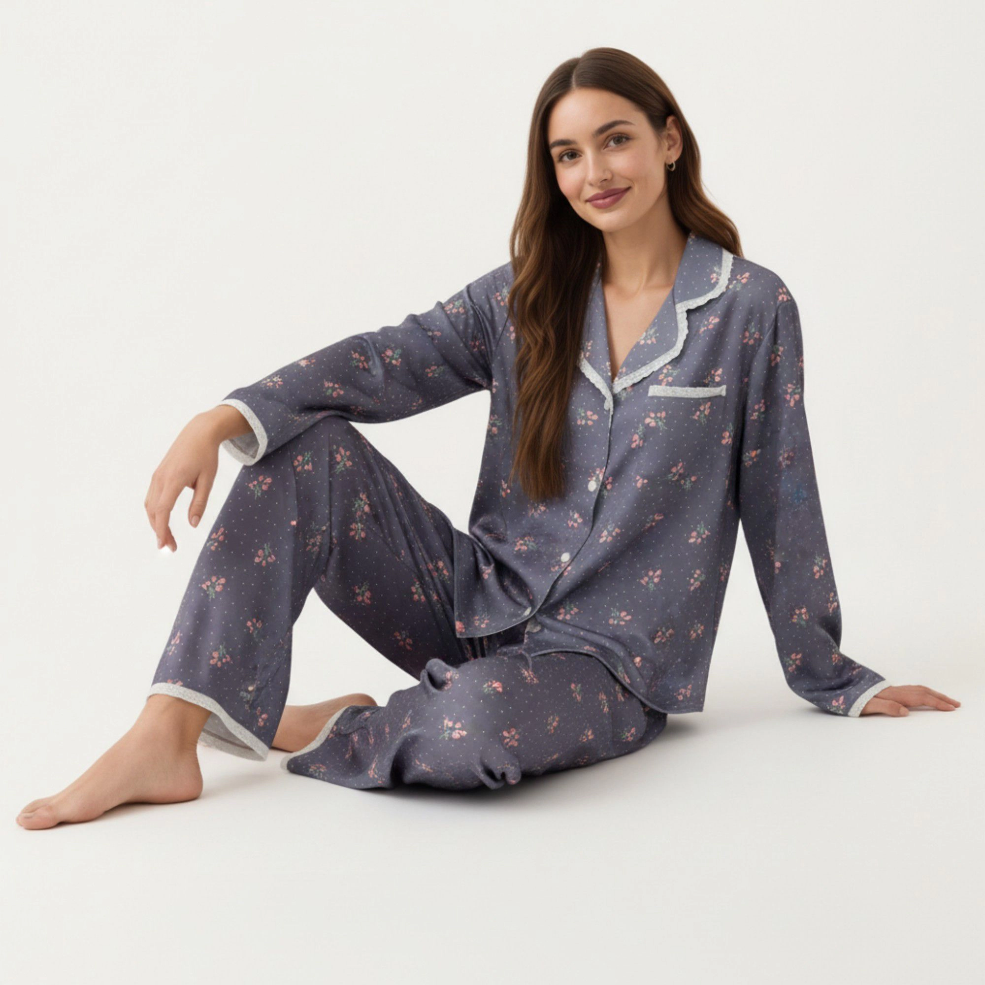 Anna-Kaci Women's 2-Piece Floral Print Pajama Top with Button Front and Trim Details Paired Matching Pants