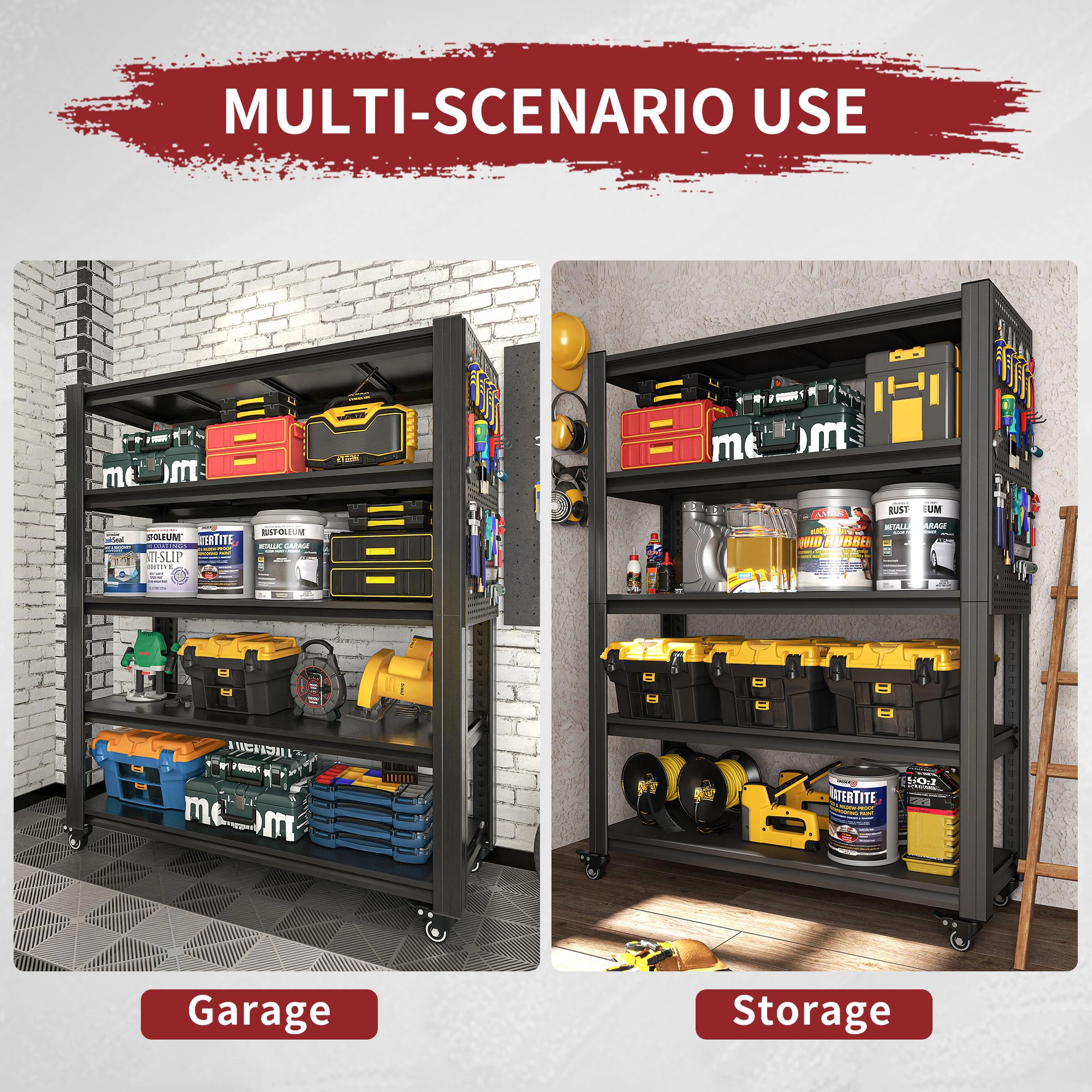 Flynama 5 Tier Pegboard Shelving 72 in H with Wheel Heavy Duty Multipurpose Rack for Garage