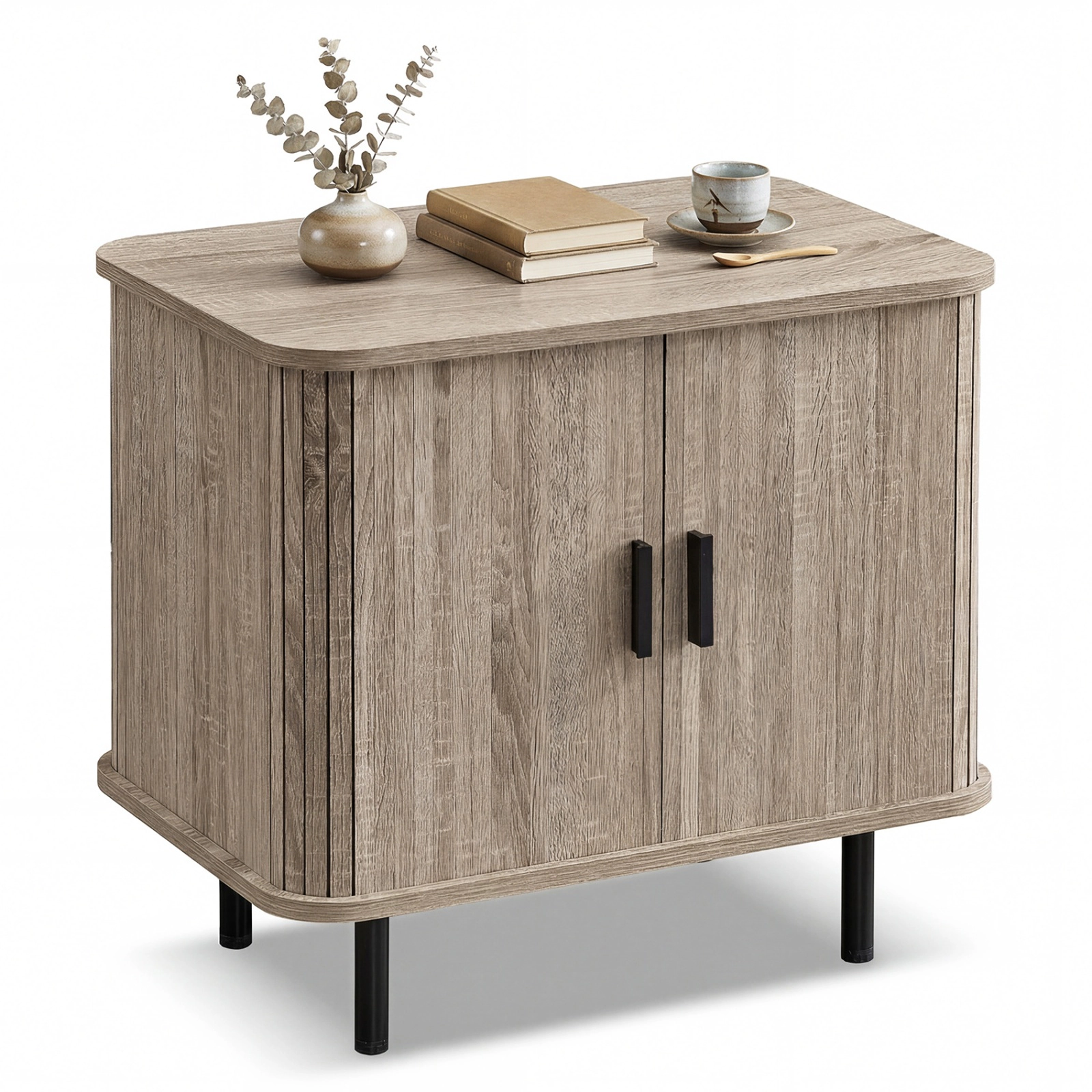 SUGIFT Modern Mid Century Nightstand End Table with Sliding Tambour Doors and Storage Shelf 88-lb Tabletop Capacity