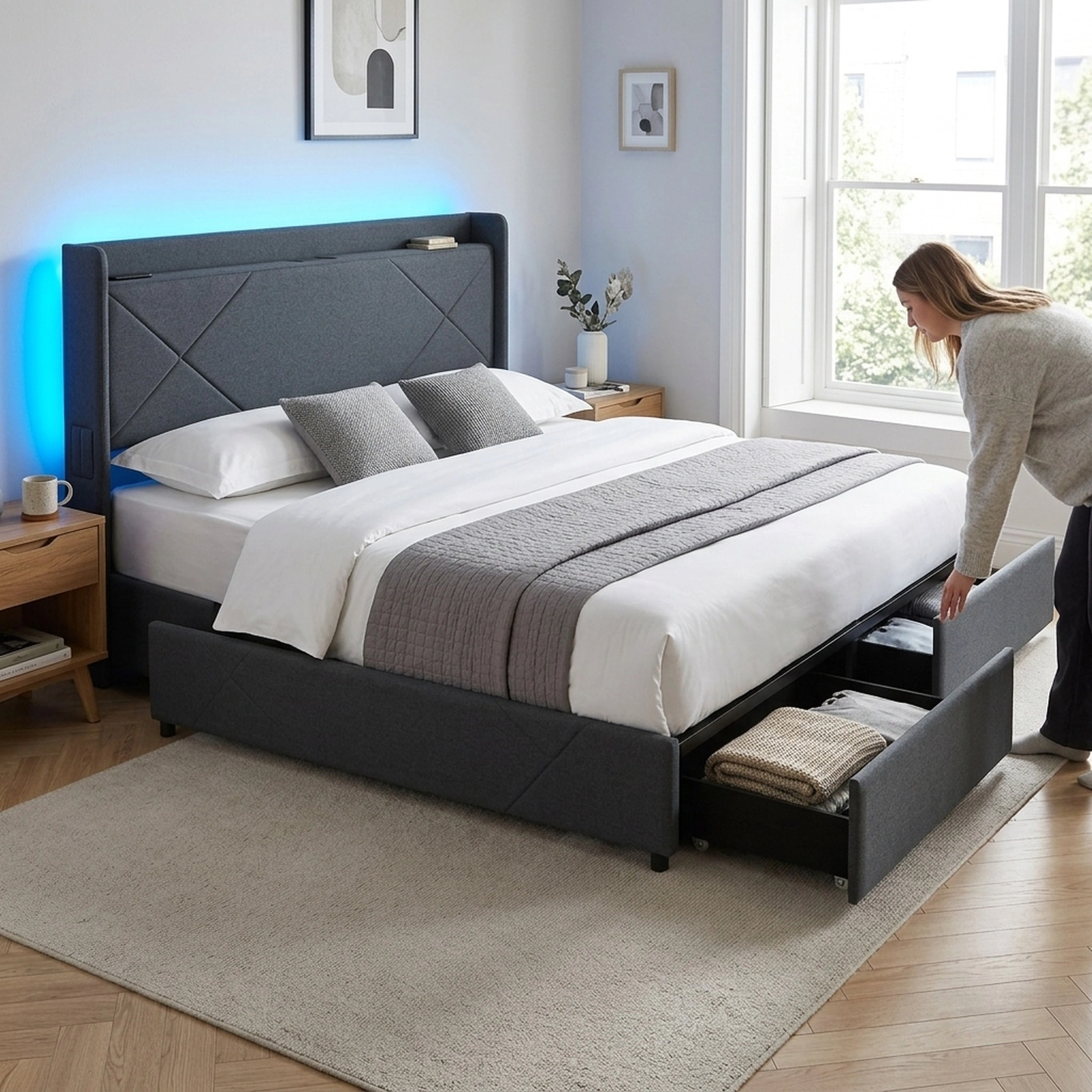Queen Size Storage Bed Frame with 4 Drawers Upholstered LED Headboard Platform Bed with Shelf Side Pockets Grey