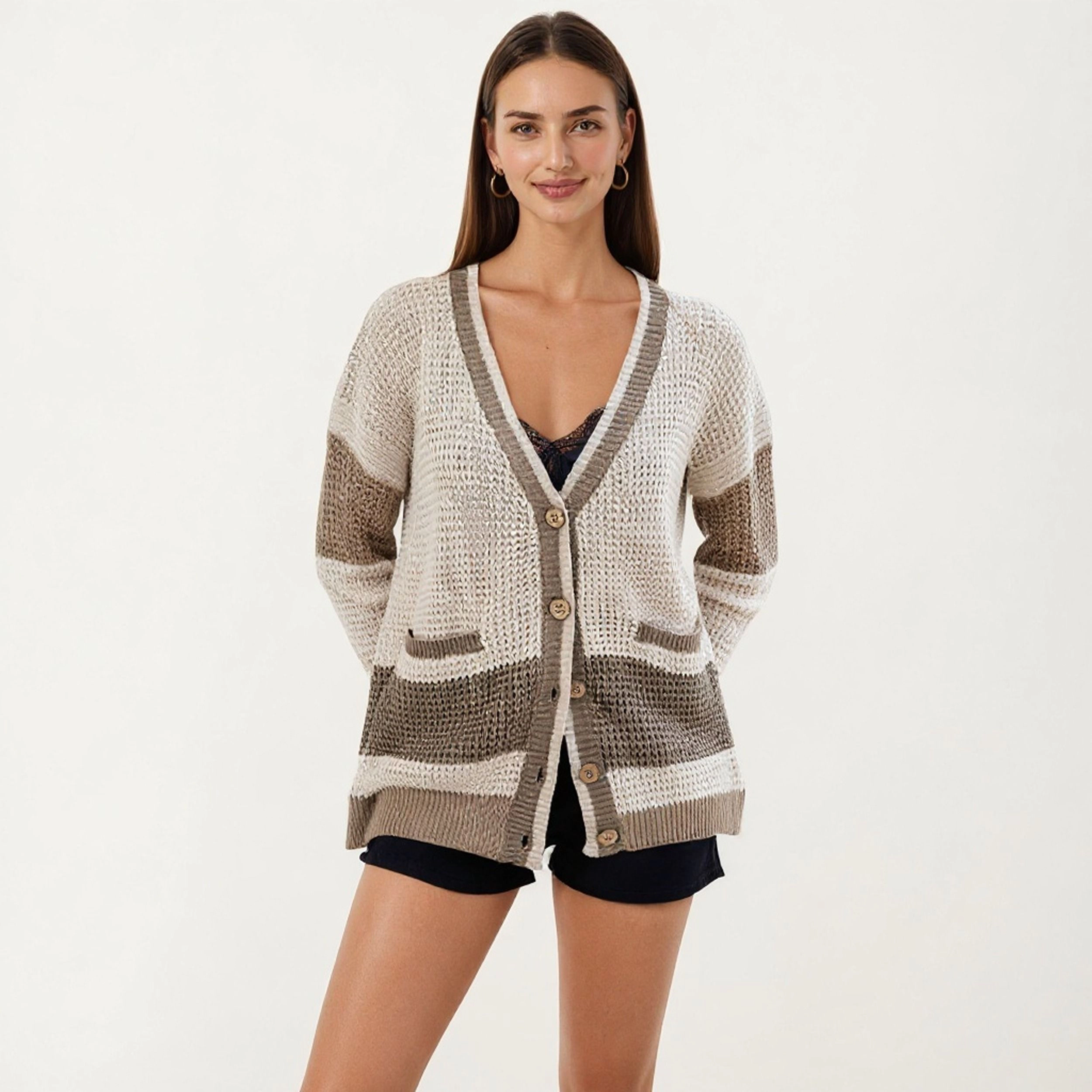 Anna-Kaci Women's Button Front Striped Knit Cardigan with Pockets and Relaxed Fit
