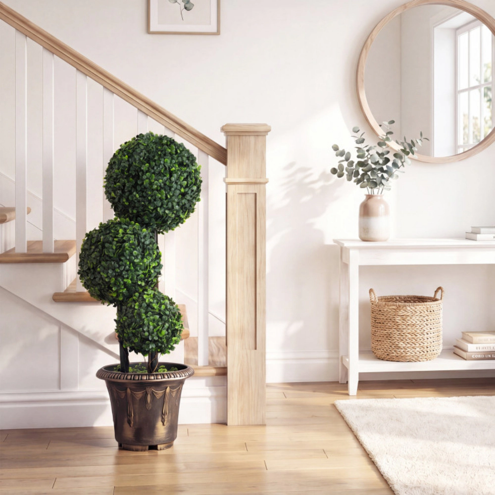 Slickblue Artificial Triple Ball Boxwood Topiary Tree 29in Black Gold Planter Porch Entry Decor-Set of 2