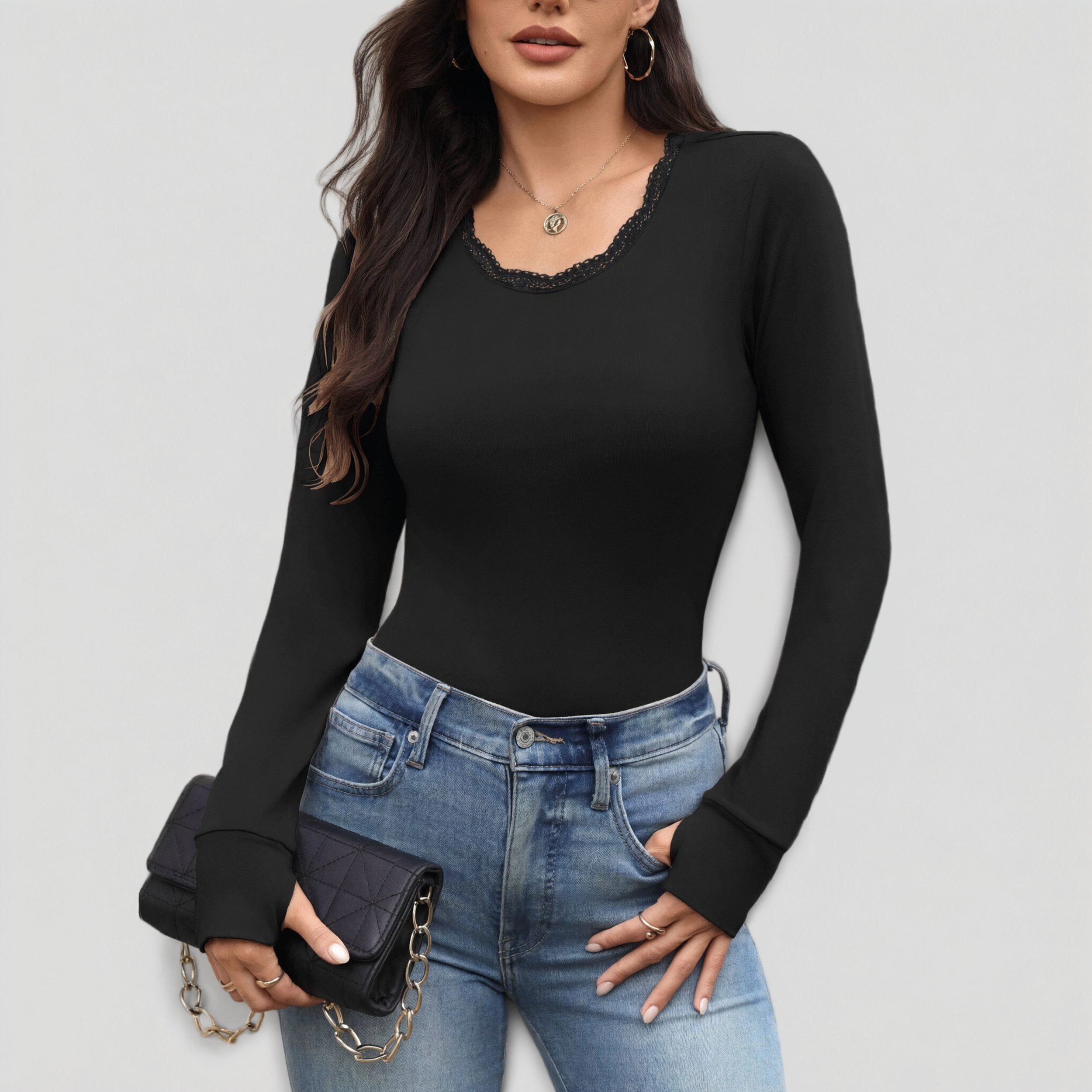 Ekouaer Women's Lace Trim Scoop Neck Long Sleeve T-Shirt