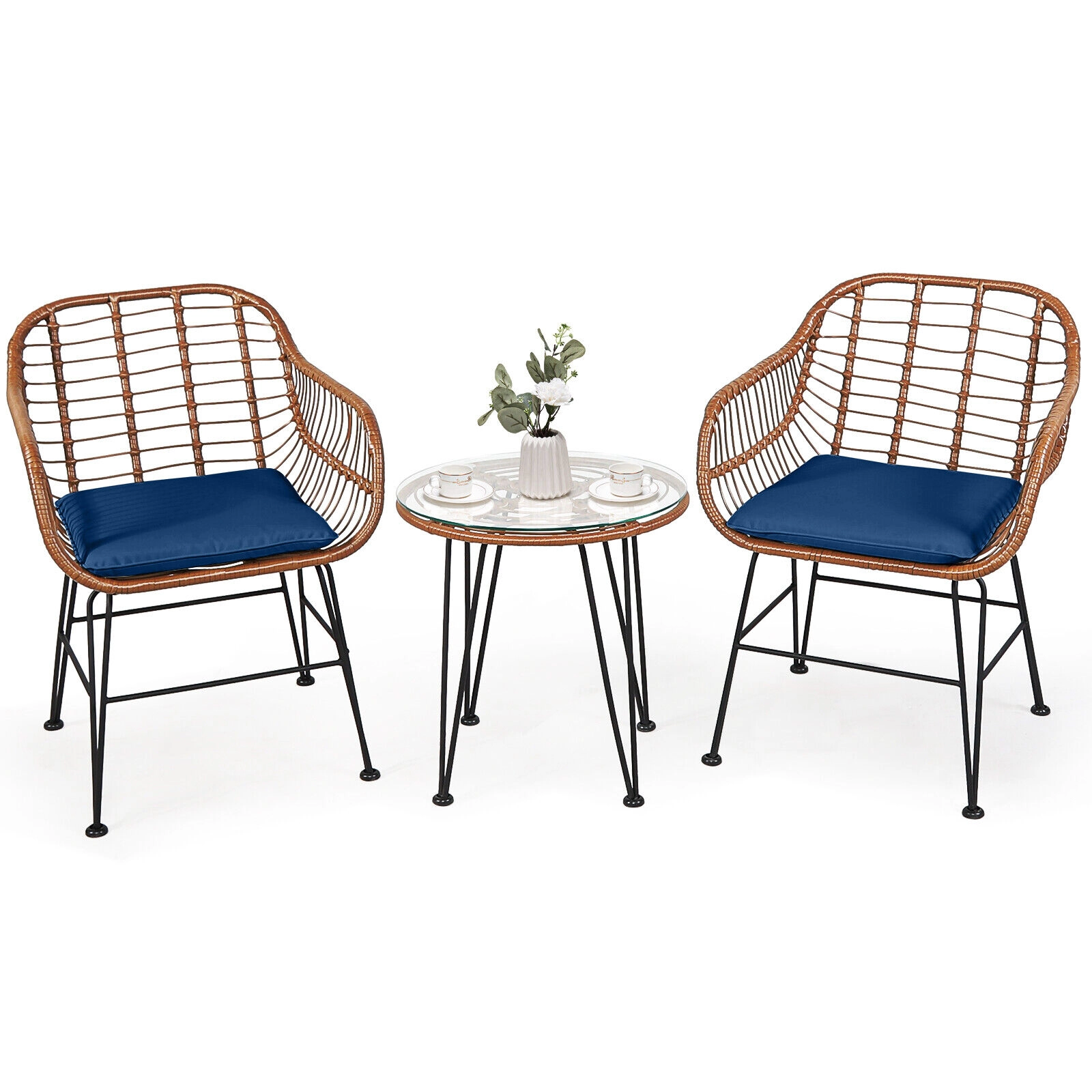SUGIFT 3 Piece Patio Rattan Bistro Set Navy with Armchairs and Round Side Table