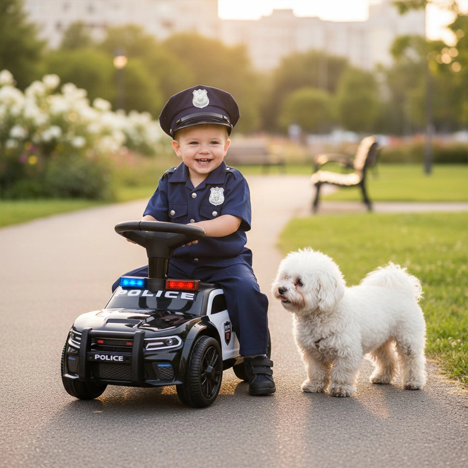 Toddler Sliding Ride On Car Police Siren 3 Music Modes Flashing Lights Anti-Tip Block 18 Months+ Black Scoot Car