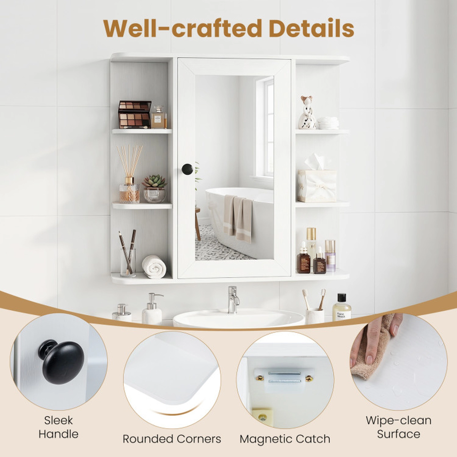 SUGIFT Mirror Door 3 Compartments 6 Open Shelves Bathroom Medicine Cabinet 26-in x 6.5-in x 25-in 120-lb White