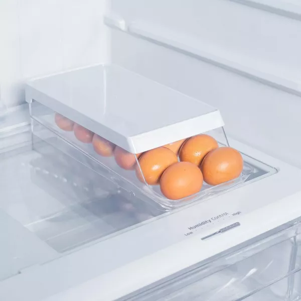 OU Egg Holder for Fridge, BPA Free Rolling Egg Organizer, Clear Stackable Refrigerator Storage Container for Kitchen