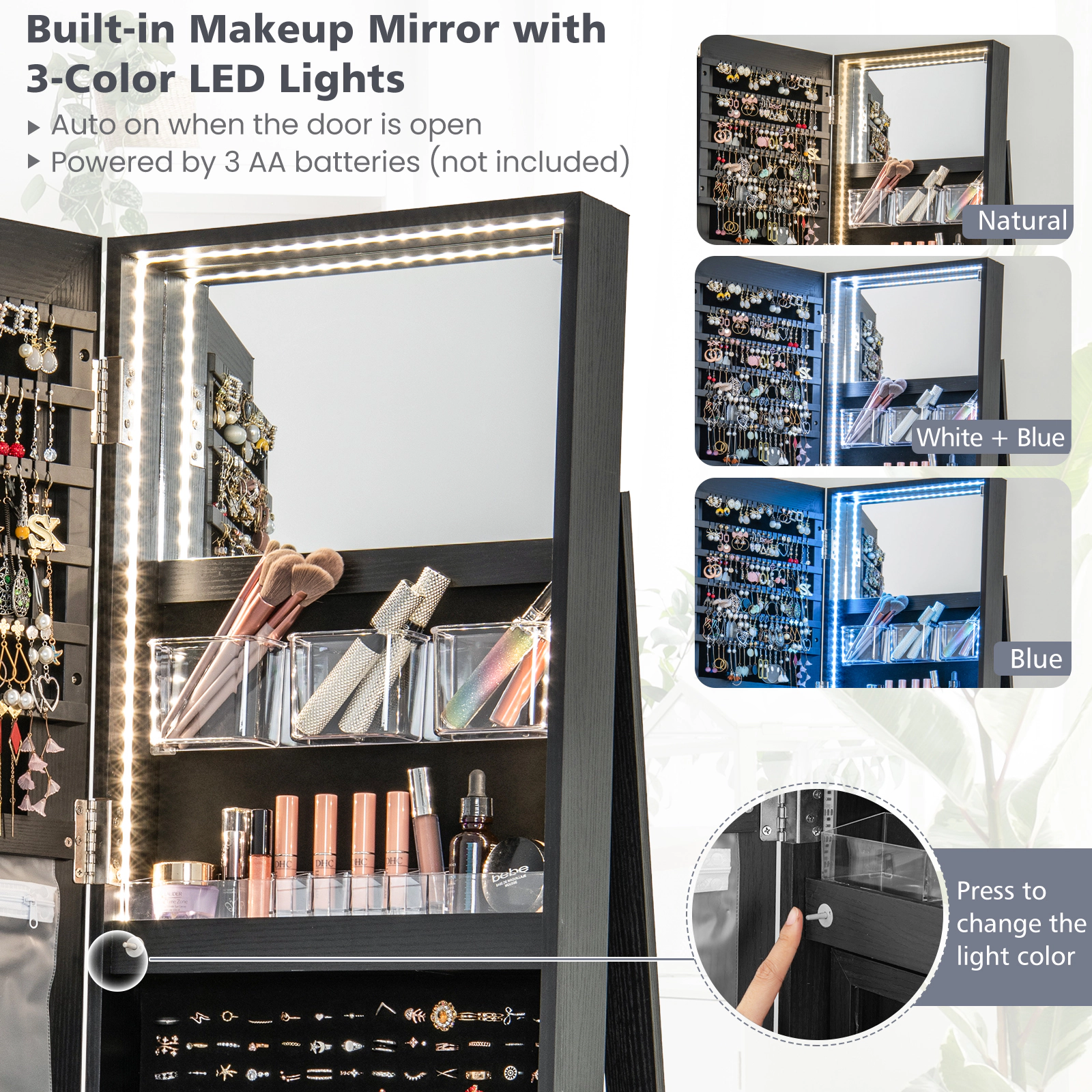 SUGIFT Black Lockable Jewelry Cabinet Armoire with Vanity Mirror 360-Degree Swivel Base and Makeup Shelf
