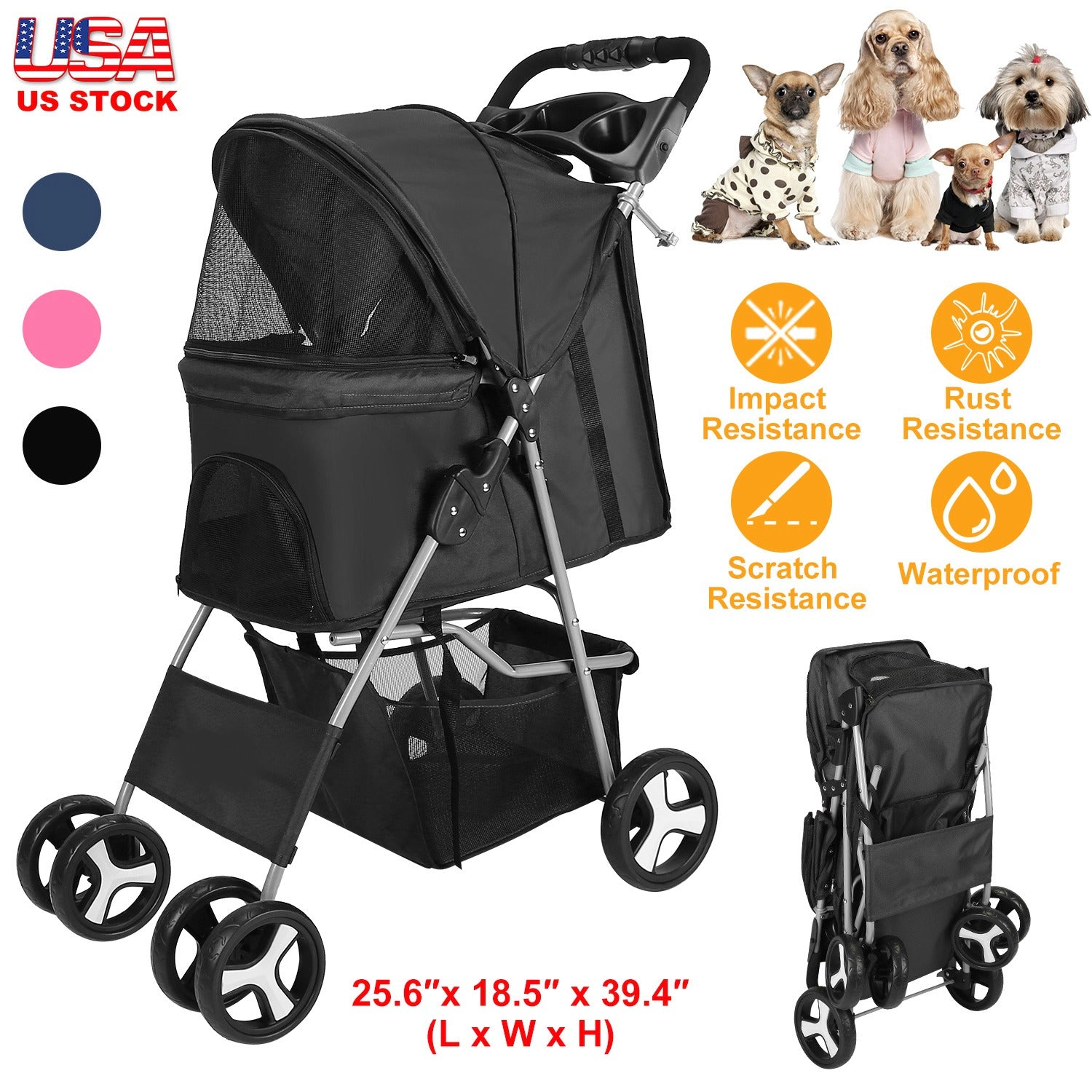 GBruno 4-Wheel Foldable Pet Stroller With Storage