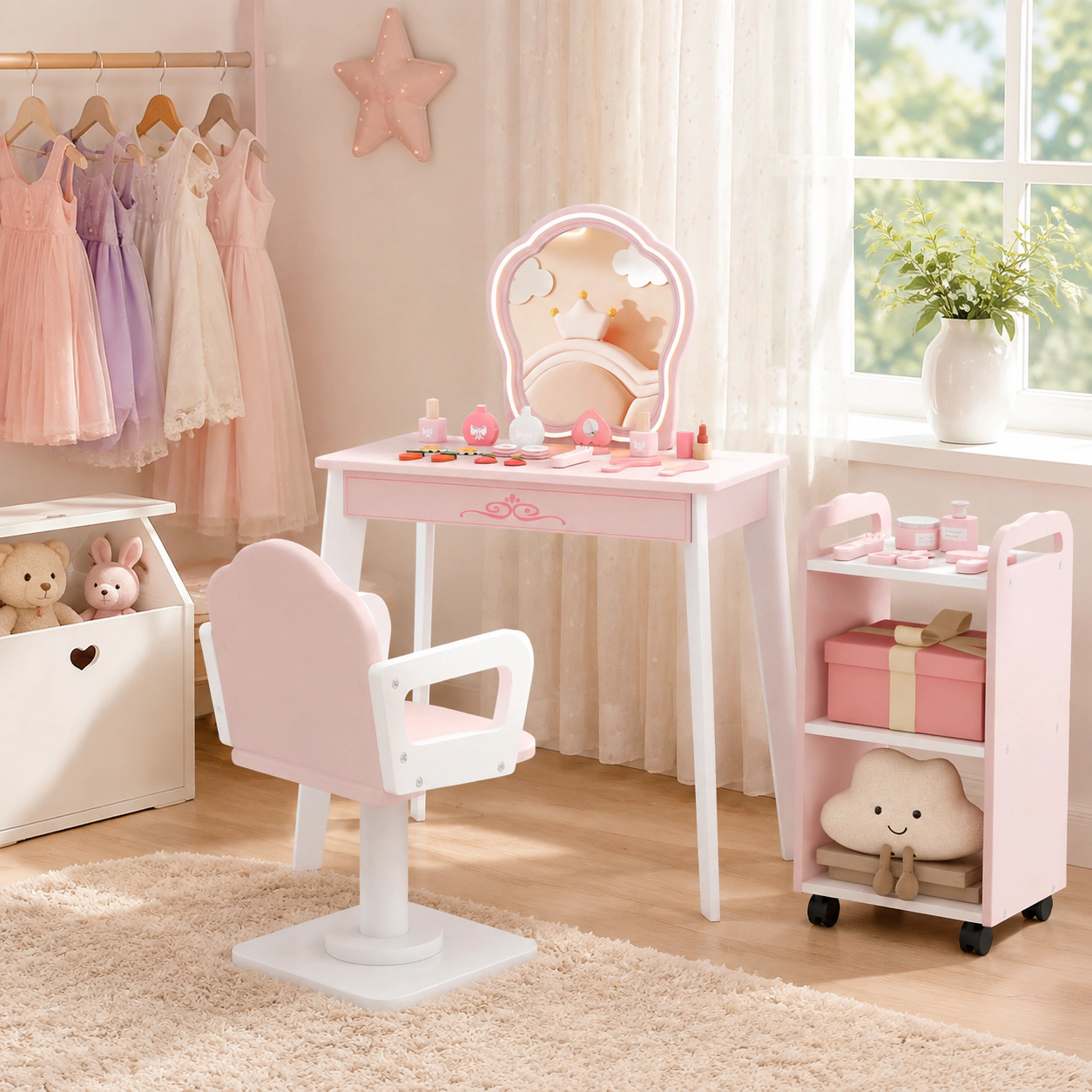 SUGIFT 3-Piece Kids Wooden Vanity Table Set with LED Lighted Mirror Rolling Cart and Swivel Chair