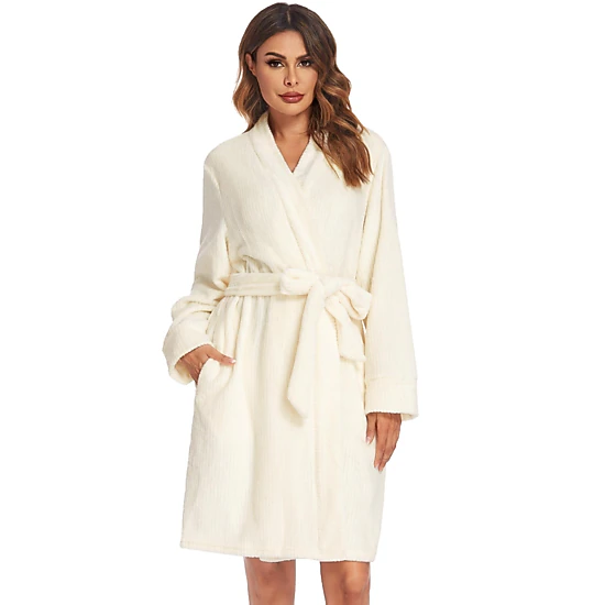 Ekouaer Robes Short Fleece Bathrobe Winter Long Sleeve Fuzzy Sleepwear Warm Spa Robe with Pockets
