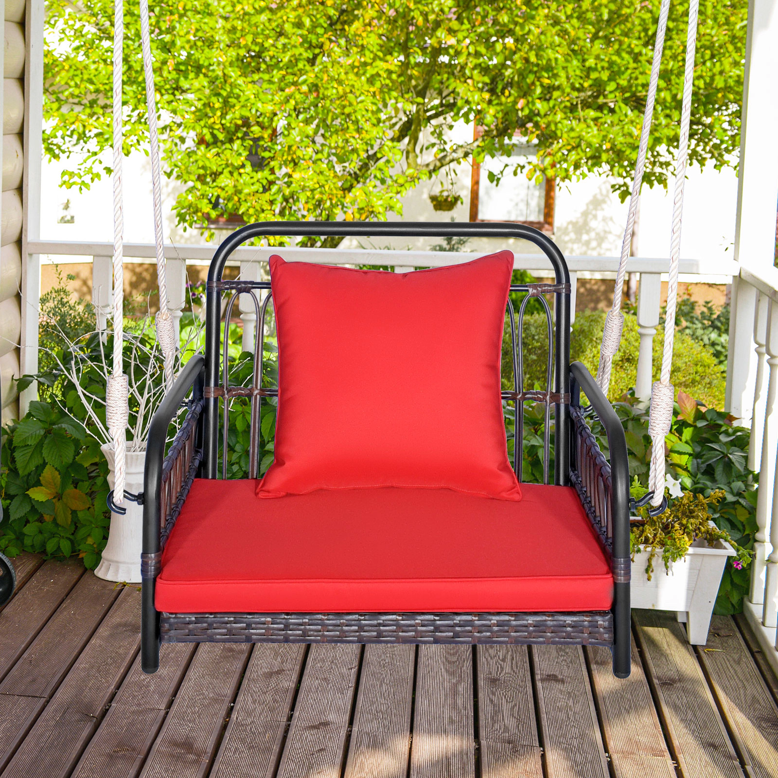 SUGIFT Red Seat and Back Cushions Patio Rattan Hanging Swing Chair