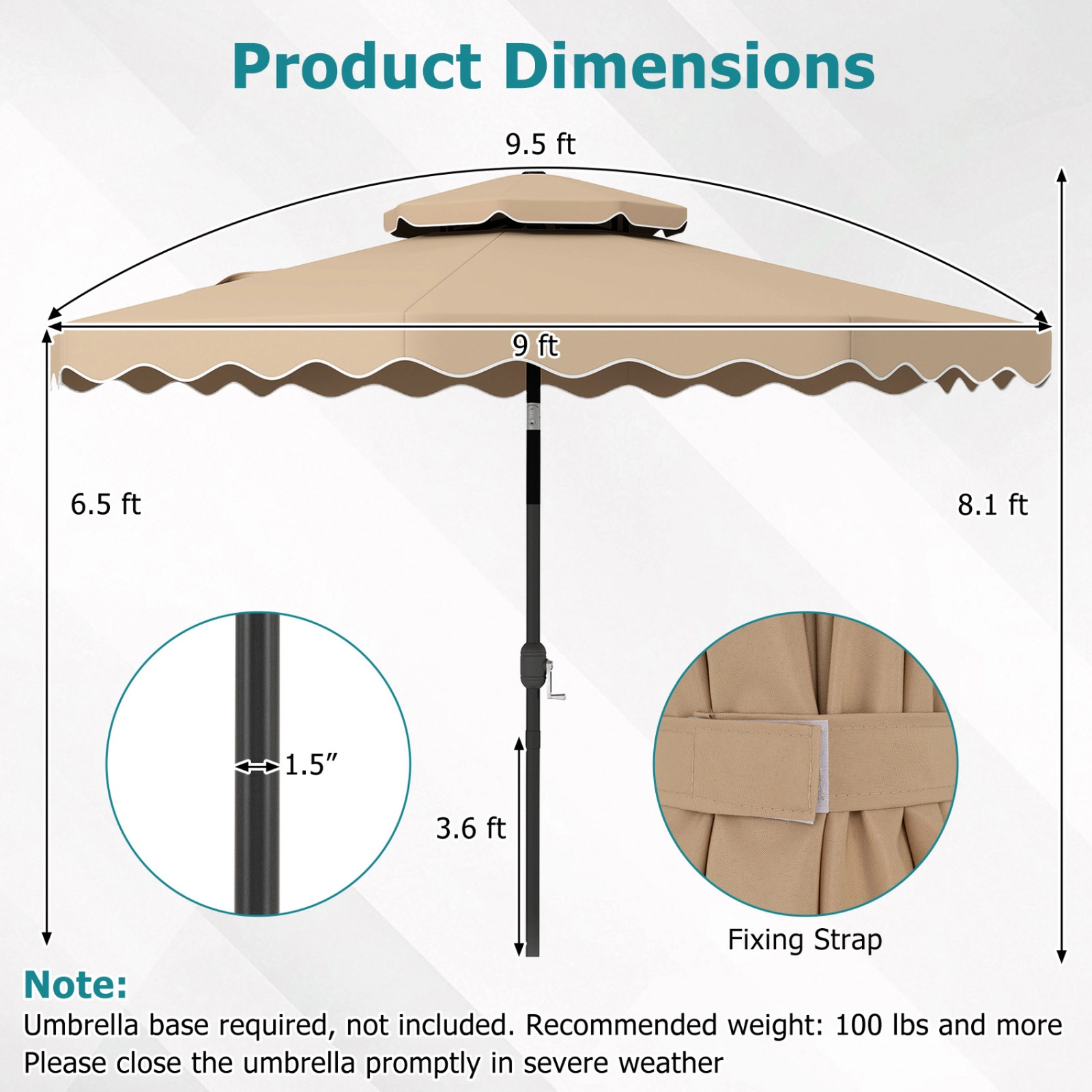 SUGIFT Coffee 9 ft Patio Umbrella with 2-Tier Vented Top and Push Button Tilt