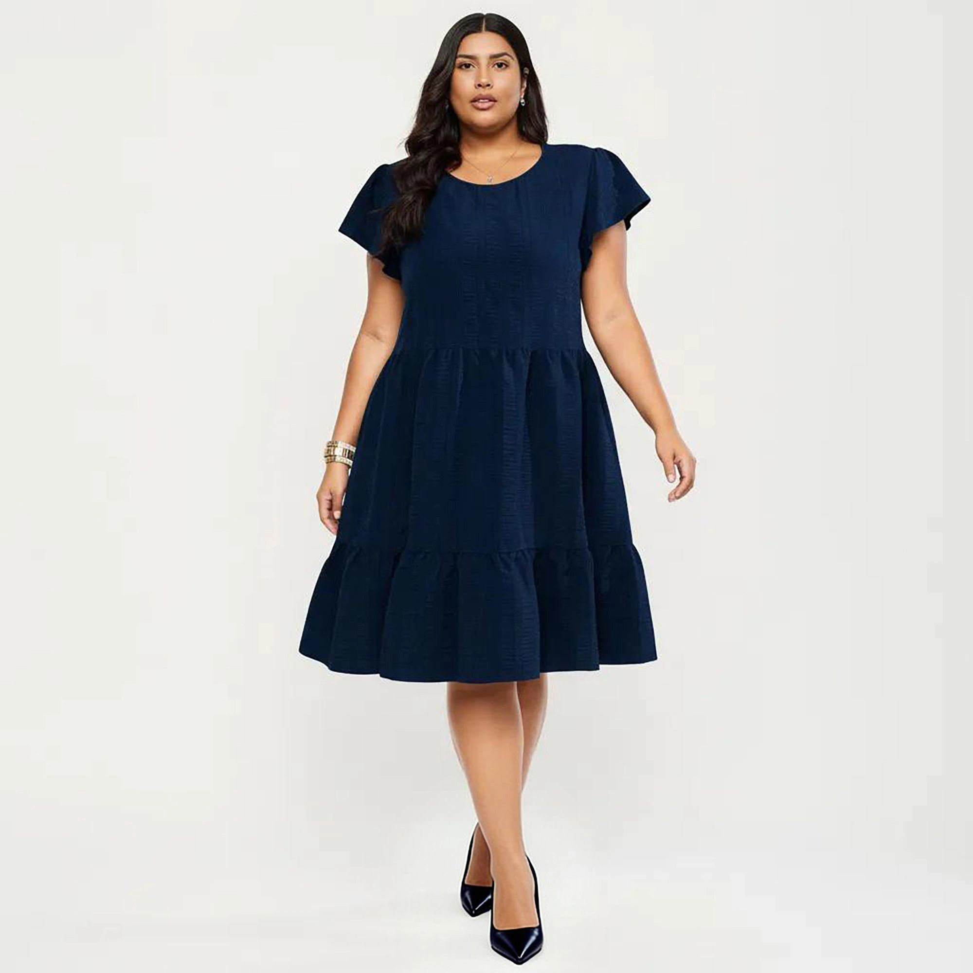 Anna-Kaci Women's Plus Size Textured Crew Neck Tiered Skirt Ruffle Sleeve Detail Flowy Babydoll Fit Dress