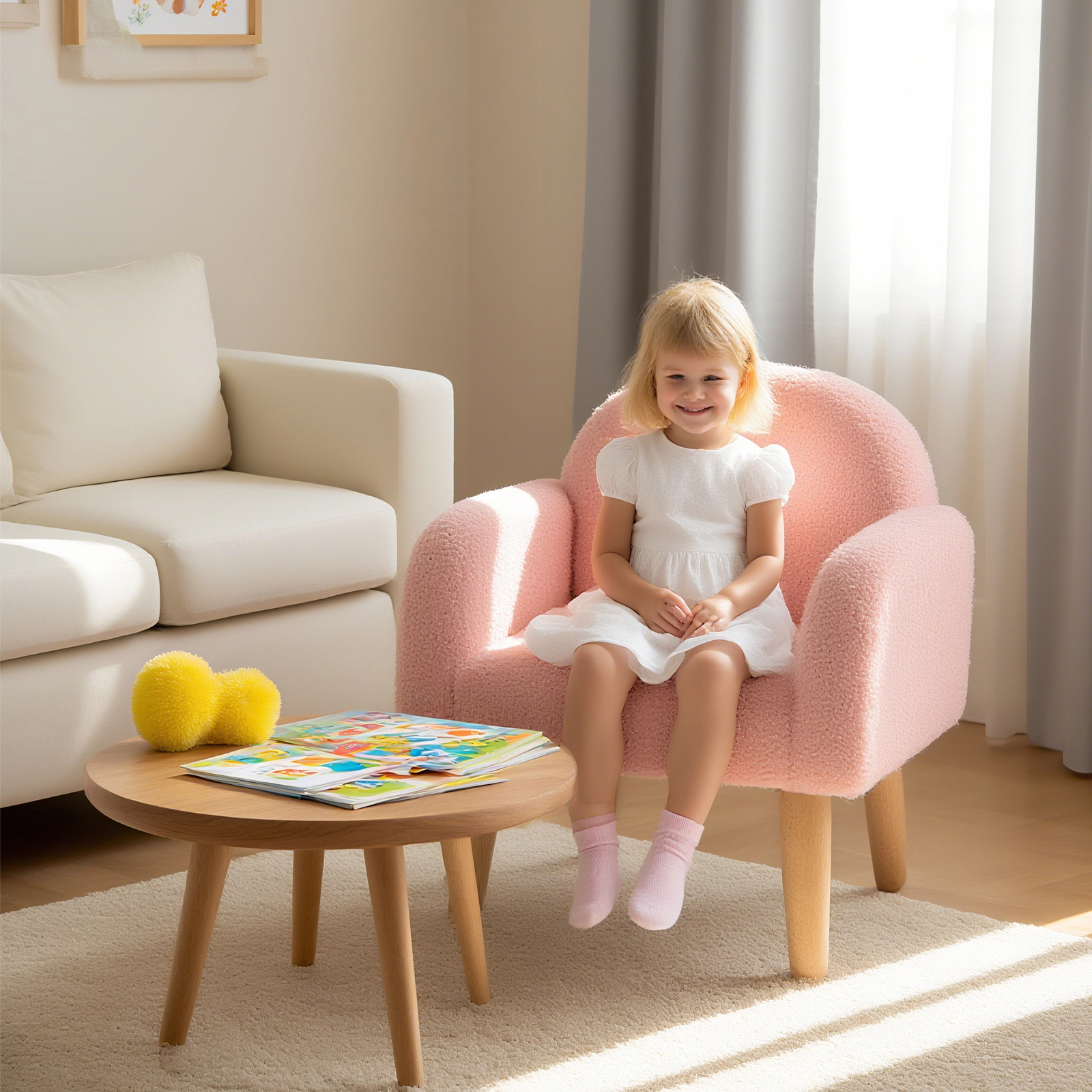 SUGIFT Pink Toddler Armchair with Teddy Fleece, Padded Arms and Wood-Like Legs