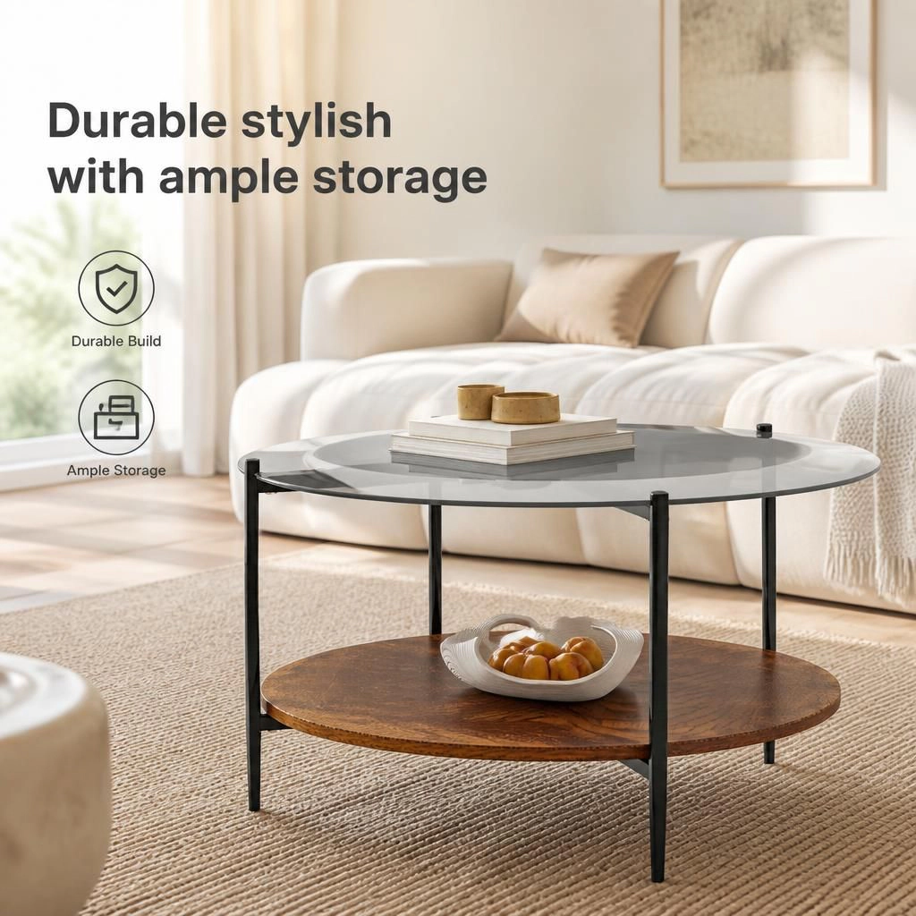 GOODSILO Round Low Profile Coffee Table Functional Center