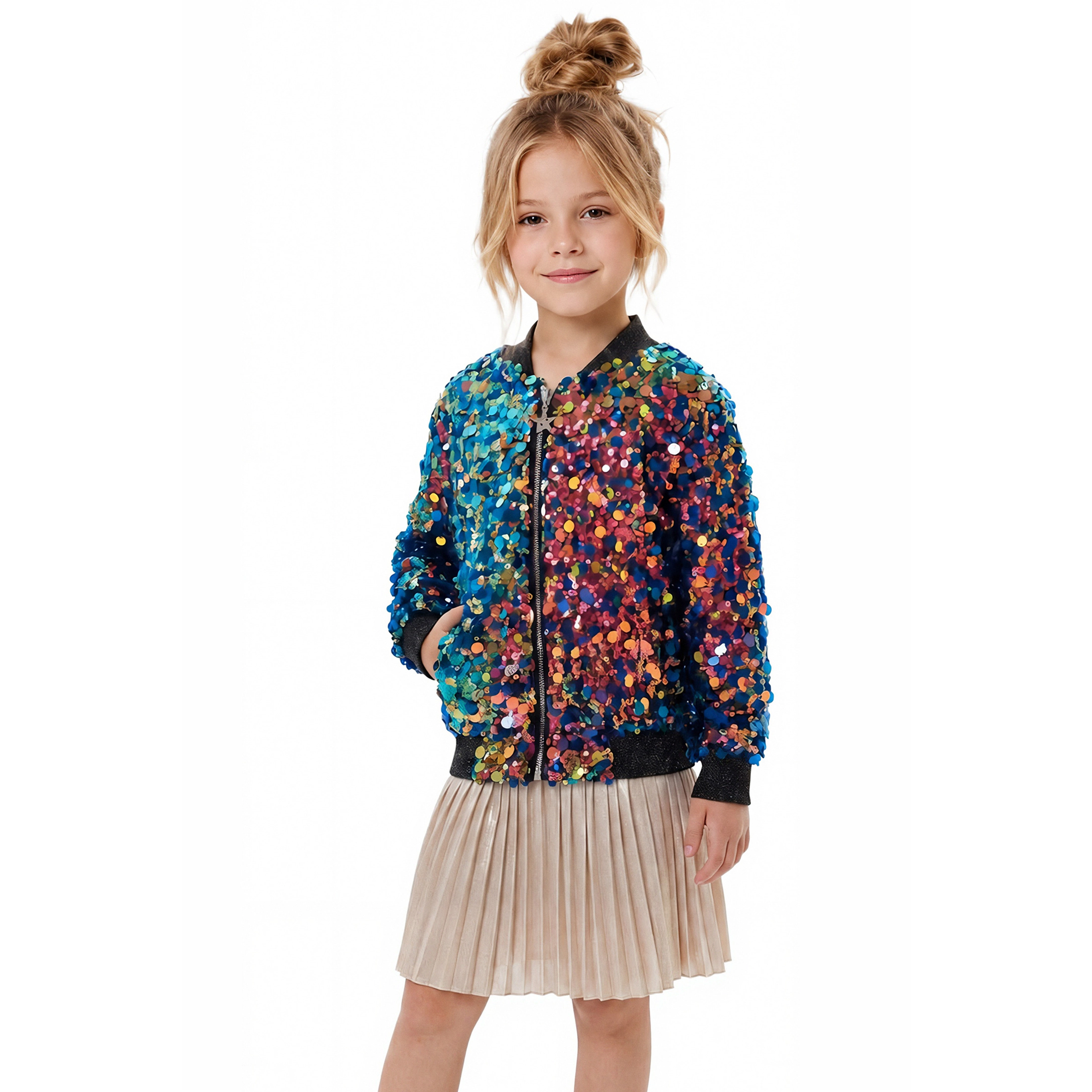 2Bunnies Girls' Fiesta Glow Sparkle Sequin Holiday Party Bomber Jacket