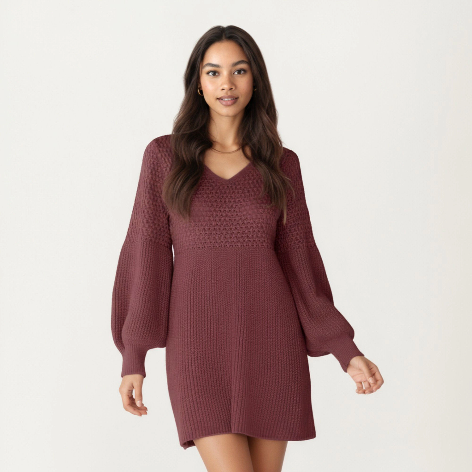 Anna-Kaci Women's Long Sleeve Knit Textured Bodice Balloon Sleeves Sweater Dress
