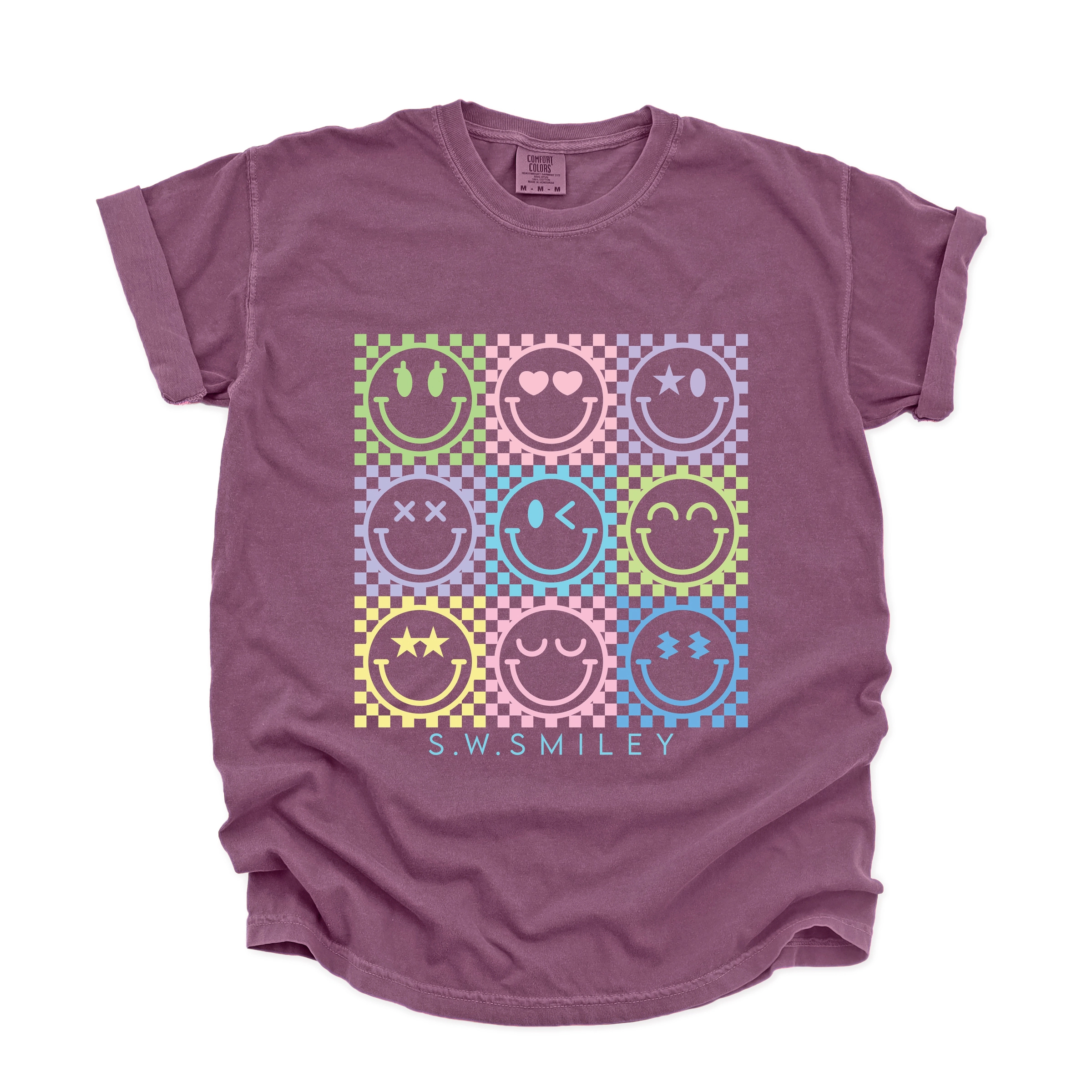Simply Sage Market - S.W.Smiley Checkered Neon Women's Garment Dyed Graphic T-Shirt