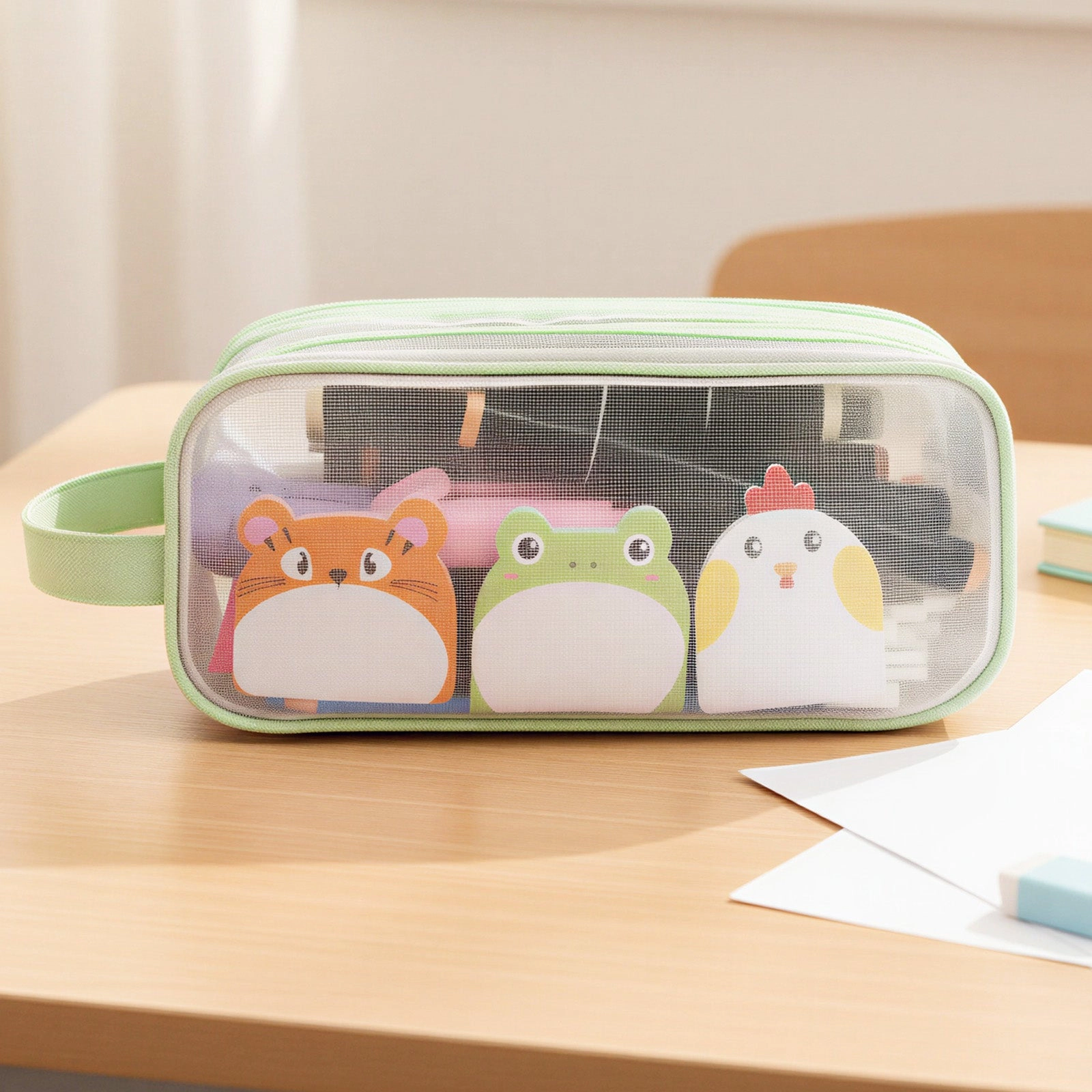 Wrapables 2-Compartment Transparent Mesh Pencil Case for Stationery, Makeup and Travel