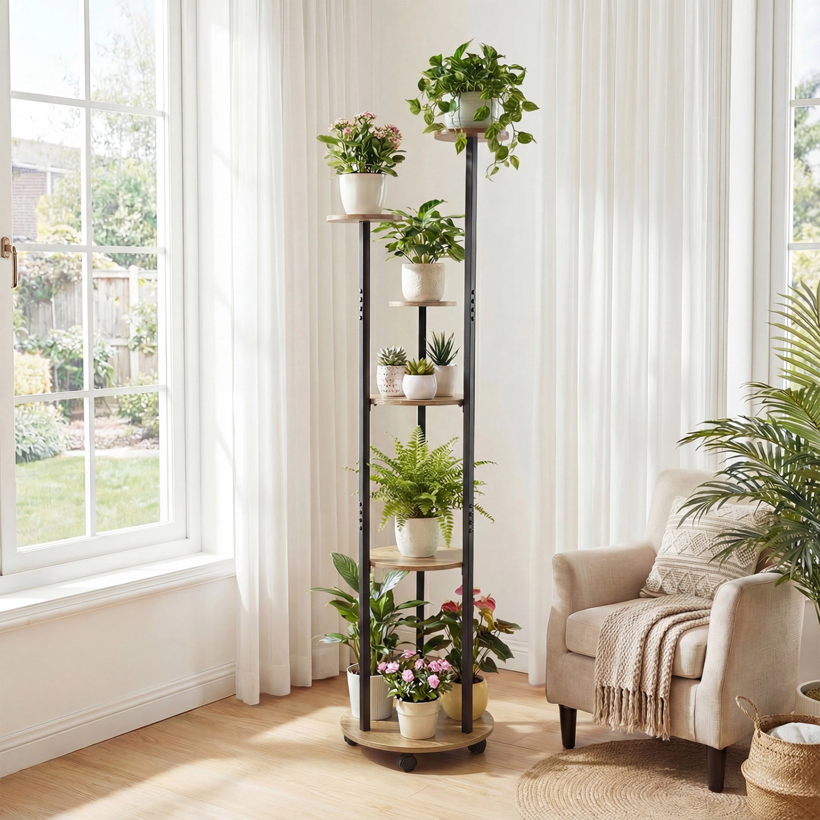 SUGIFT 6 Tier Plant Stand Natural 57 in Tall with RGB Light Strip and Wheels