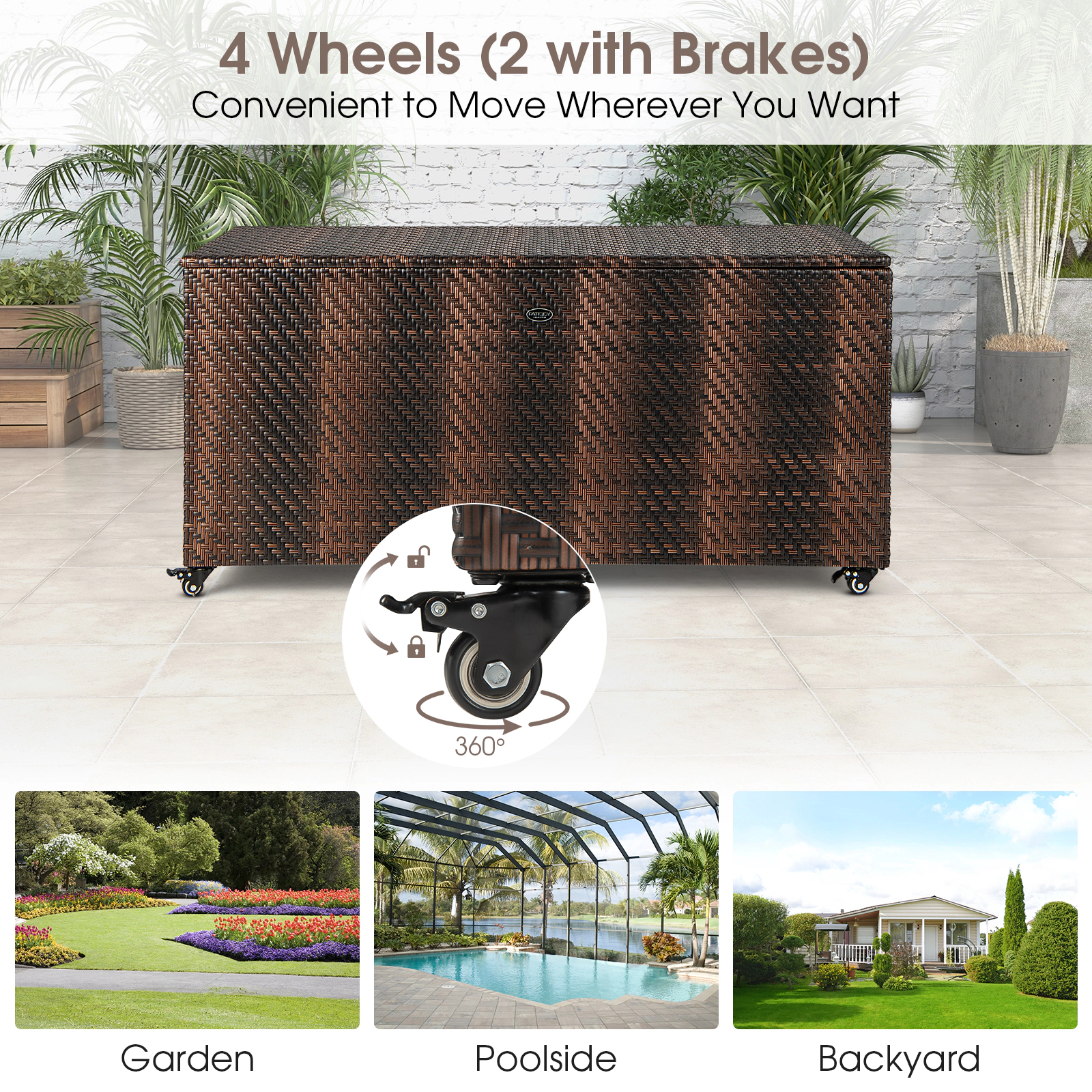 SUGIFT 96 Gallon PE Wicker Outdoor Storage Box with Waterproof Liner and Gas Strut 52-in Frame with 4 Wheels Mix Brown