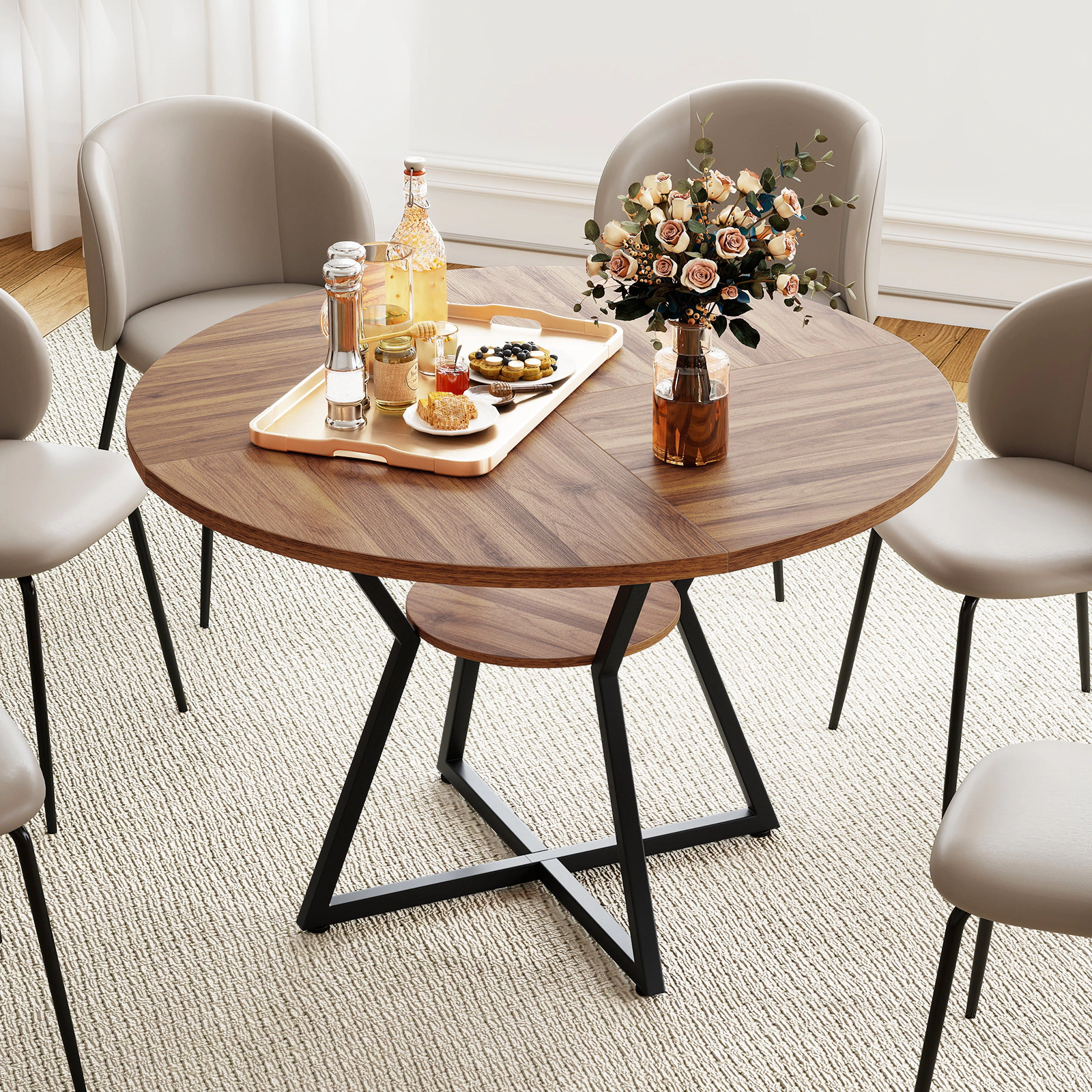 LJG 47" Round Dining Table for 4 with Storage Shelf