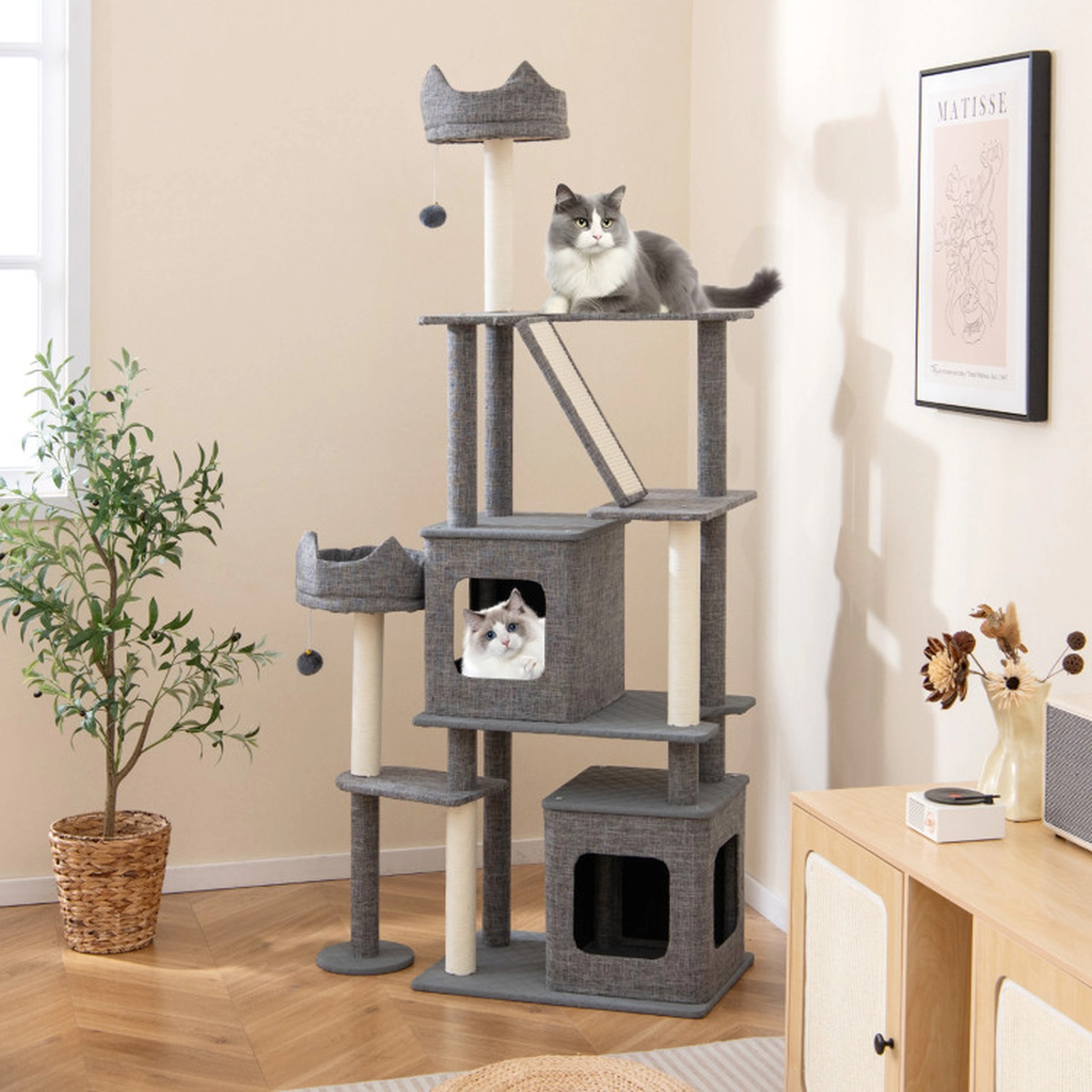 SUGIFT Gray 71 in Tall Multi-Level Cat Tower with 2 Condos and Side Cat Bed
