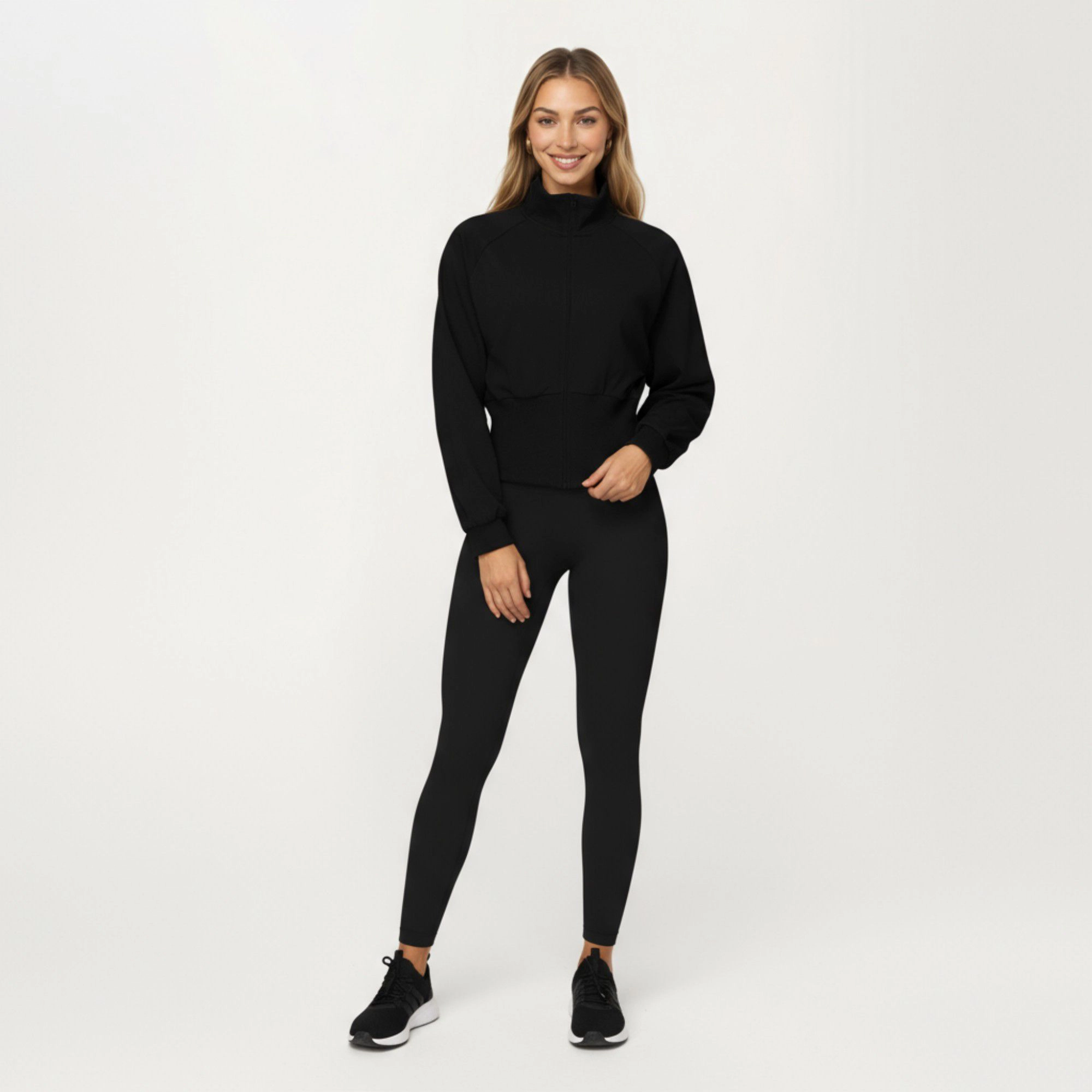 Anna-Kaci Women's High Neck Long Sleeve Zip-Up Jacket with Fitted Waistband and Soft Knit Fabric