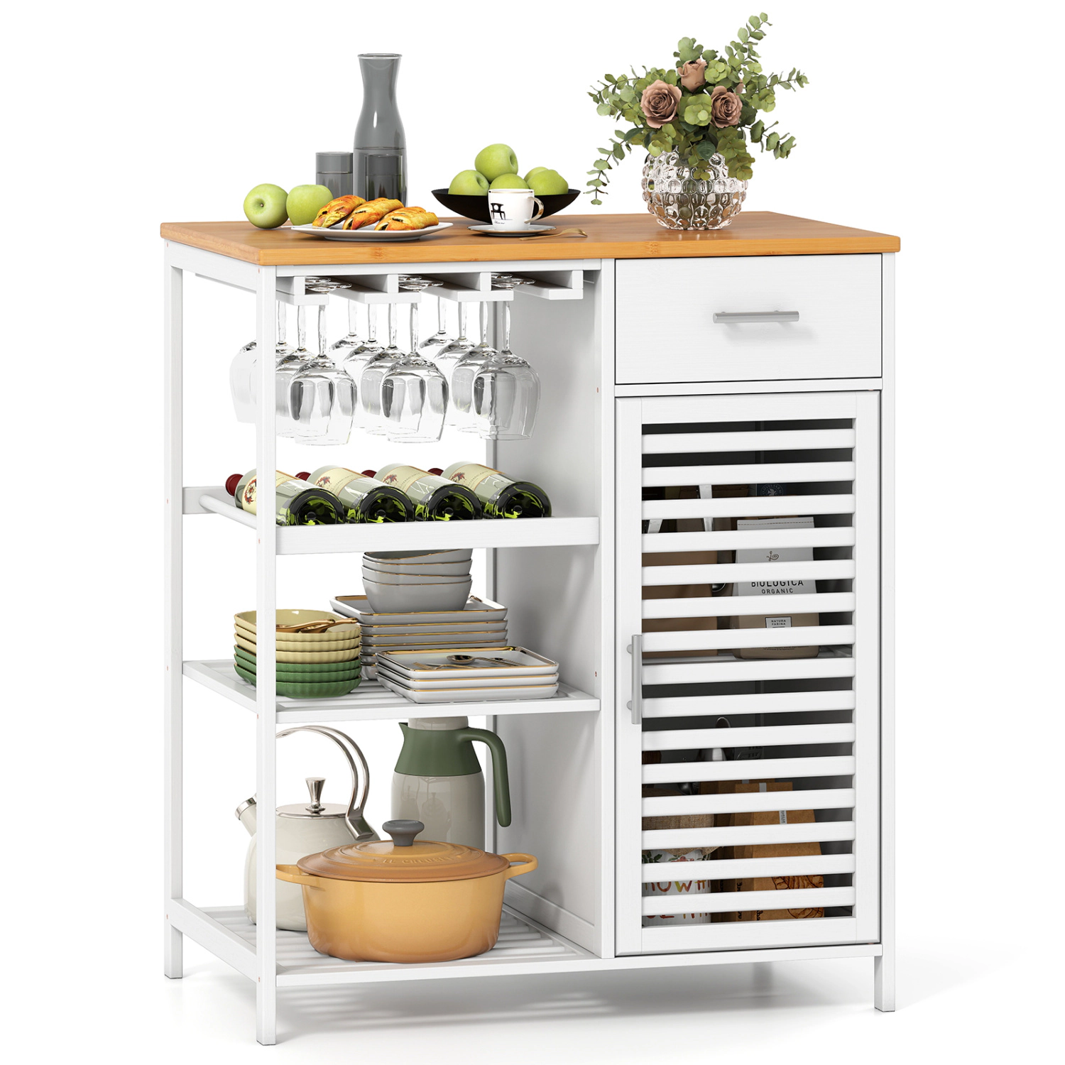 LJG Coffee Bar Cabinet with Glass Holder Wine Rack and Bamboo Top