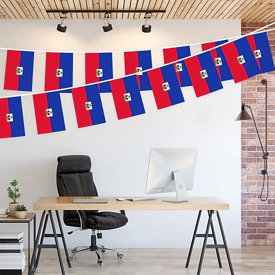 G128 Haiti Haitian Bunting Banner, 33 ft, 38 Flags, 8.2 x 5.5 in, 150D Polyester