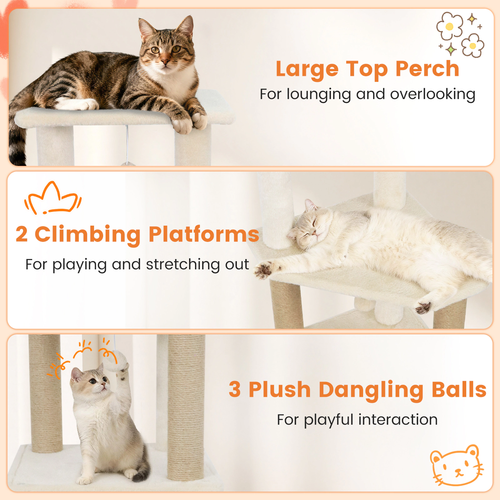 SUGIFT 64-in Tall Cat Tree with 2 Large Condos, 24 x 24-in Base and Jute Scratching Posts 33-lb Capacity Beige