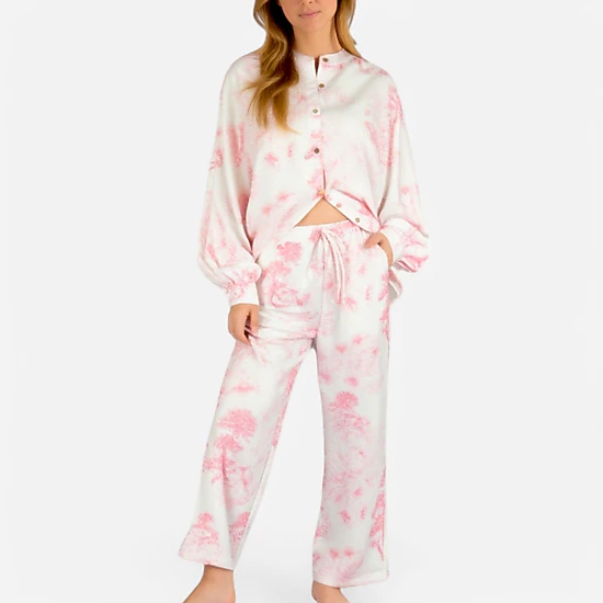 Anna-Kaci Women's Toile Print Button Up Pajama Set with Long Sleeve Top and Elastic Waist Drawstring Pants
