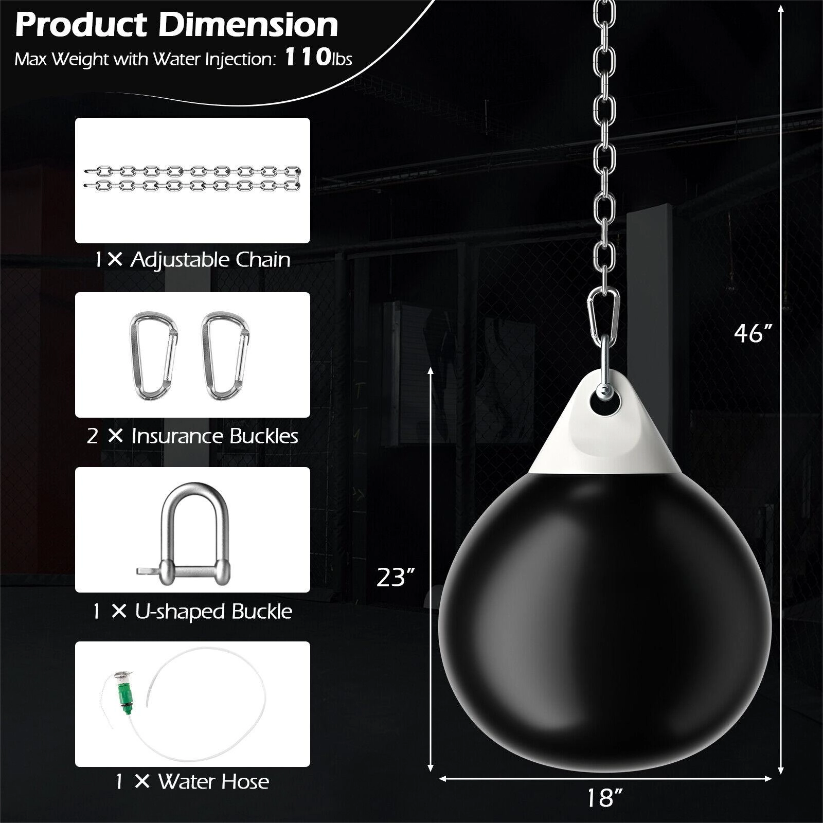 SUGIFT 18-in Heavy Punching Water Aqua Bag 110-lb Capacity with Adjustable 39-in Metal Hanging Chain Black